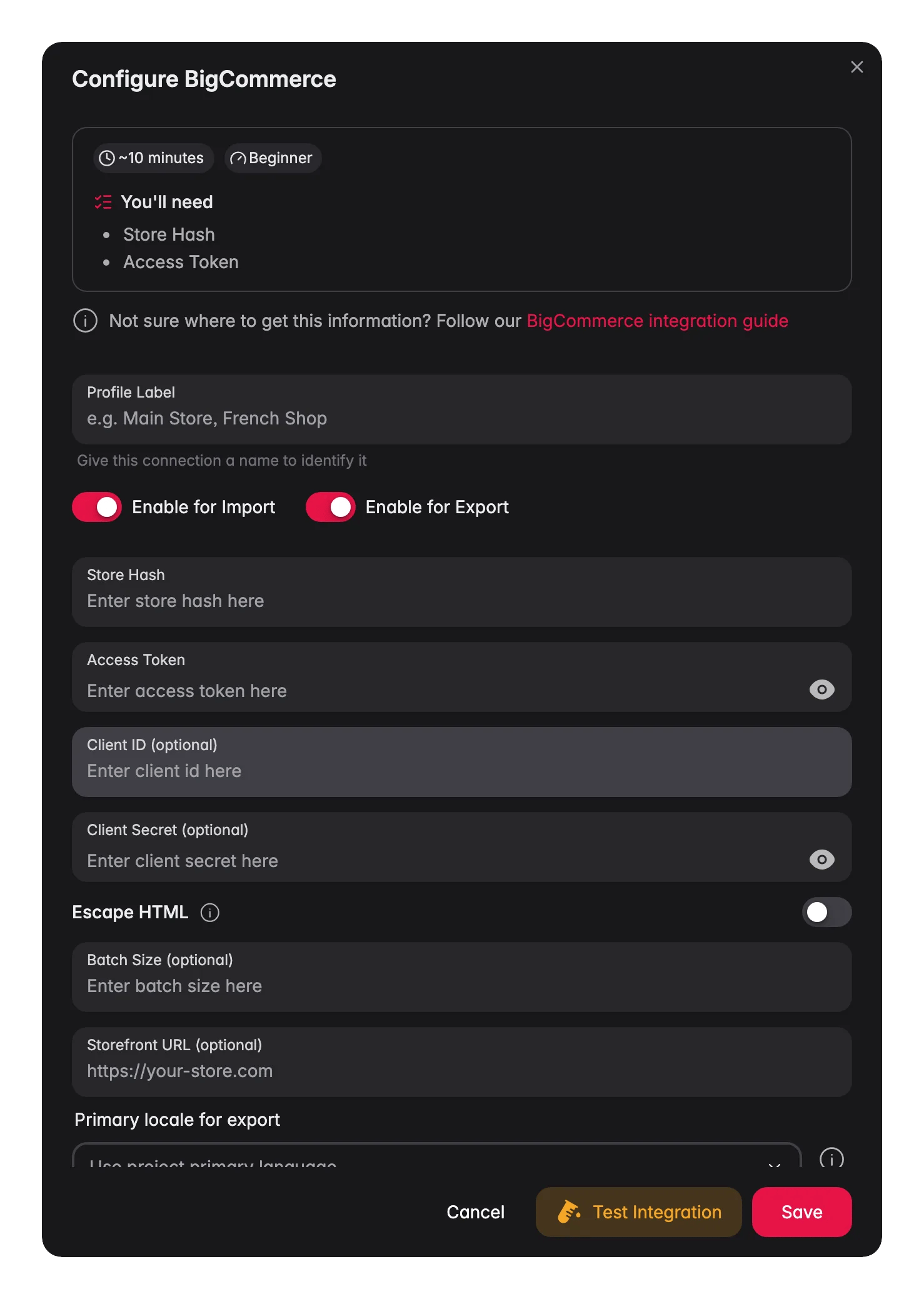 Connecting BigCommerce to WISEPIM, store hash, access token, locale mapping and a live connection test