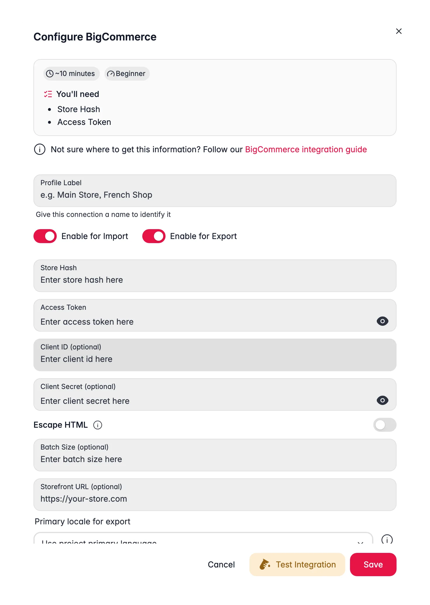 Connecting BigCommerce to WISEPIM, store hash, access token, locale mapping and a live connection test