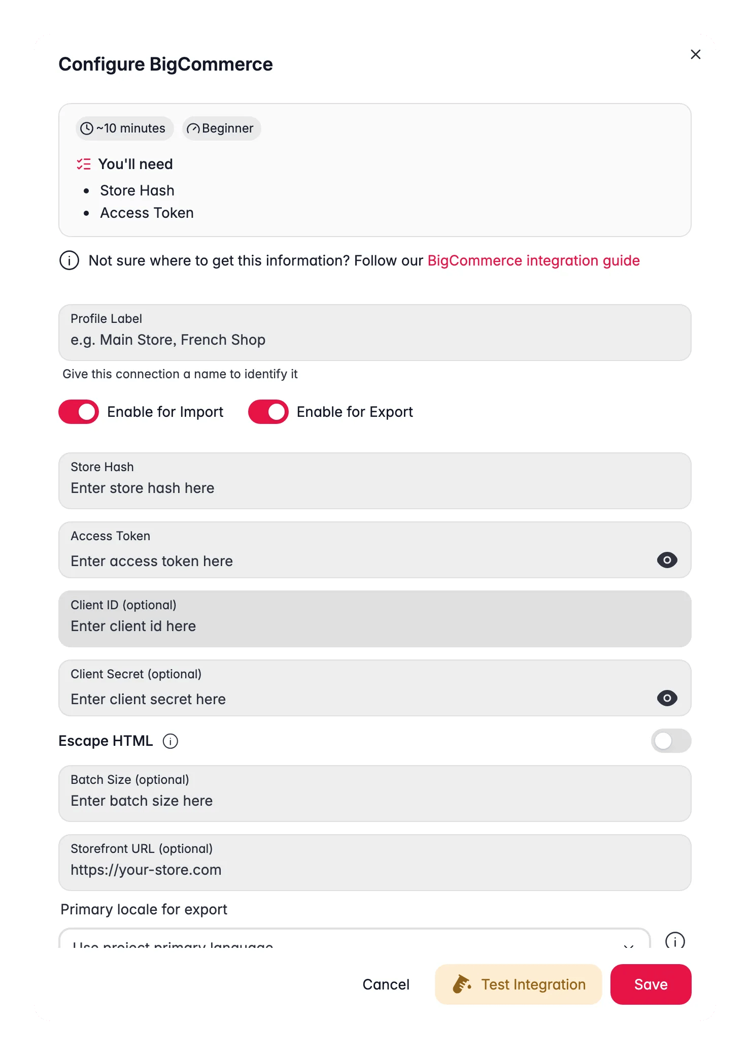 Connecting BigCommerce to WISEPIM, store hash, access token, locale mapping and a live connection test