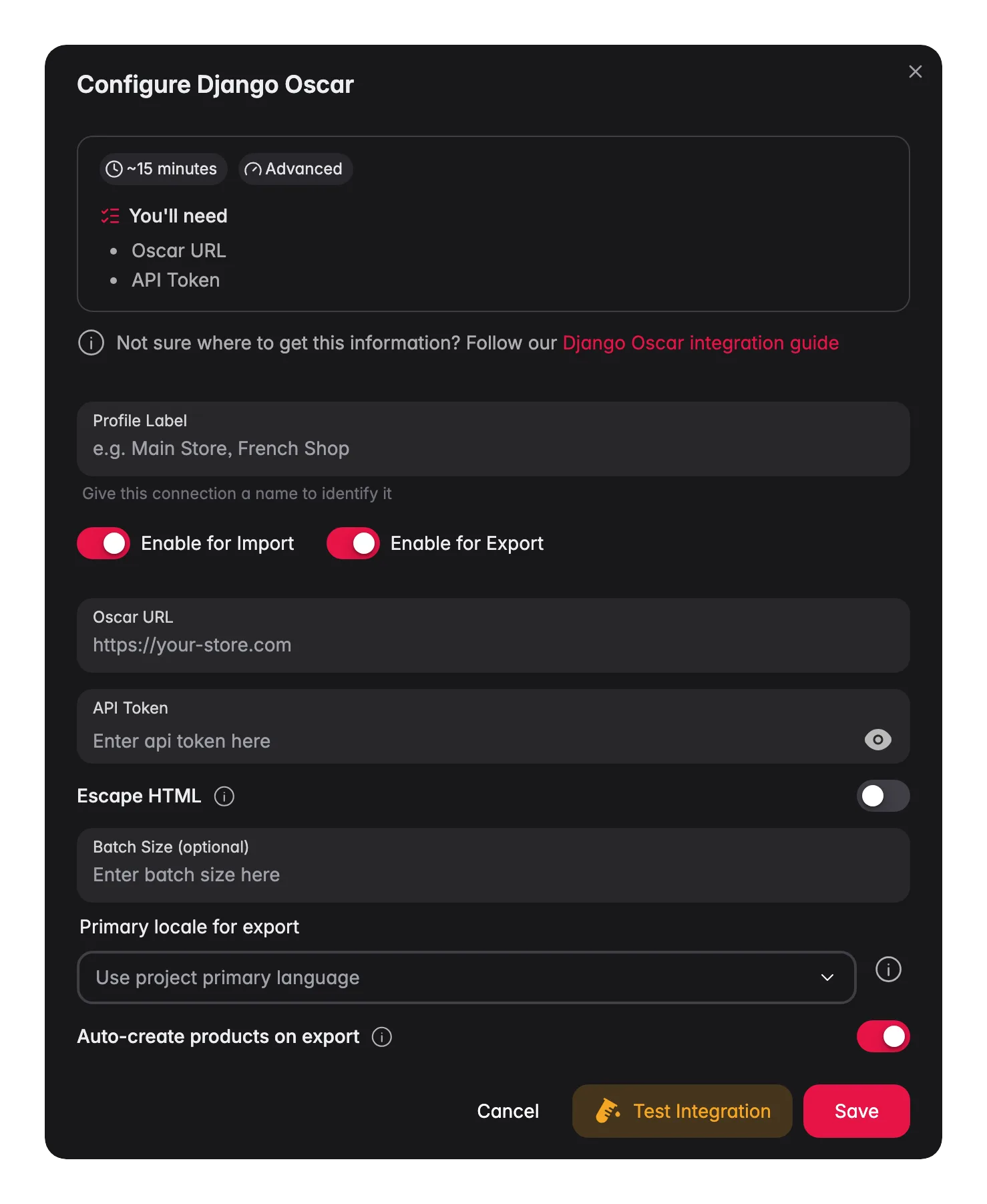 Connecting Django Oscar to WISEPIM, store URL, API token, locale mapping and a live connection test