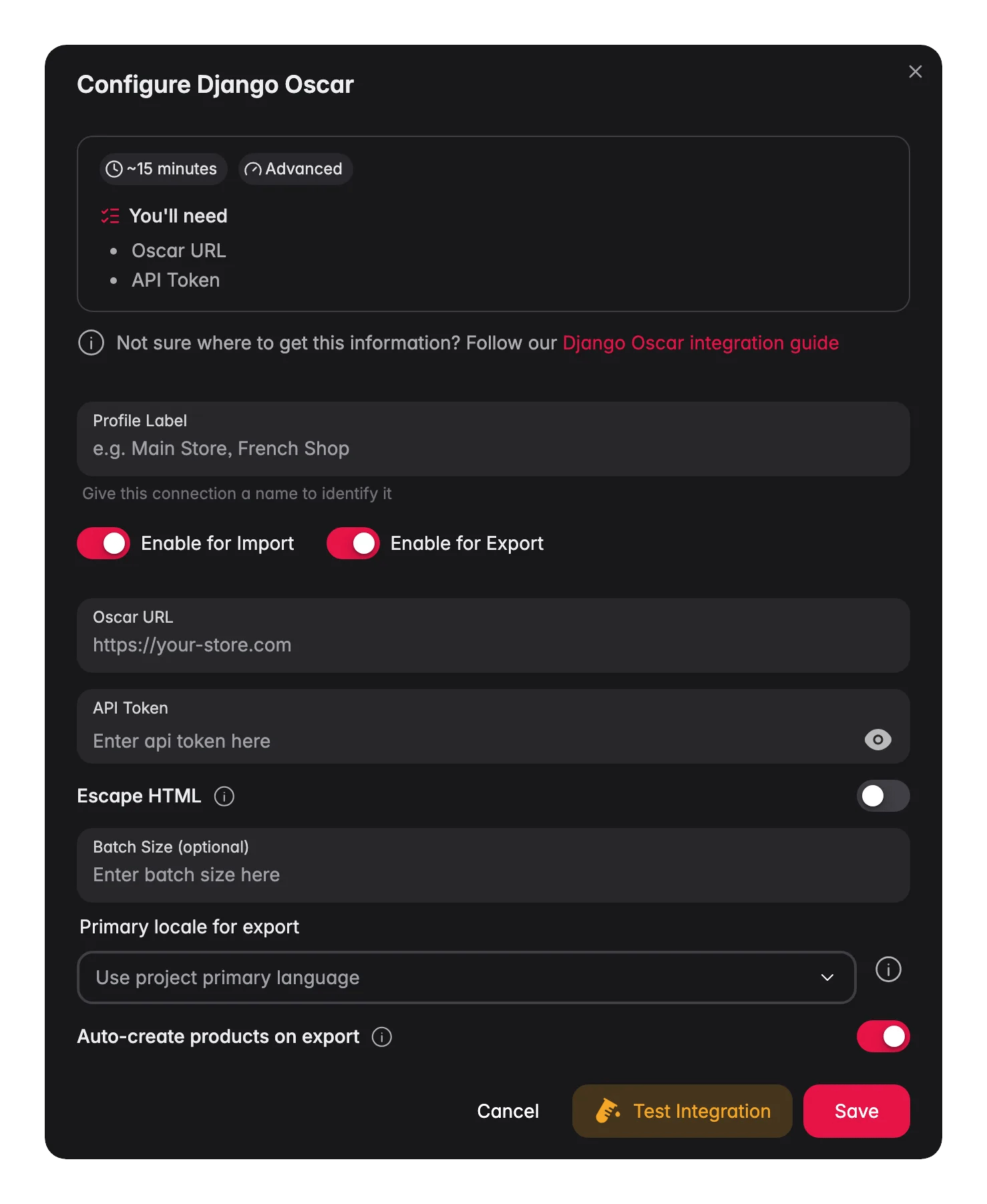 Connecting Django Oscar to WISEPIM, store URL, API token, locale mapping and a live connection test