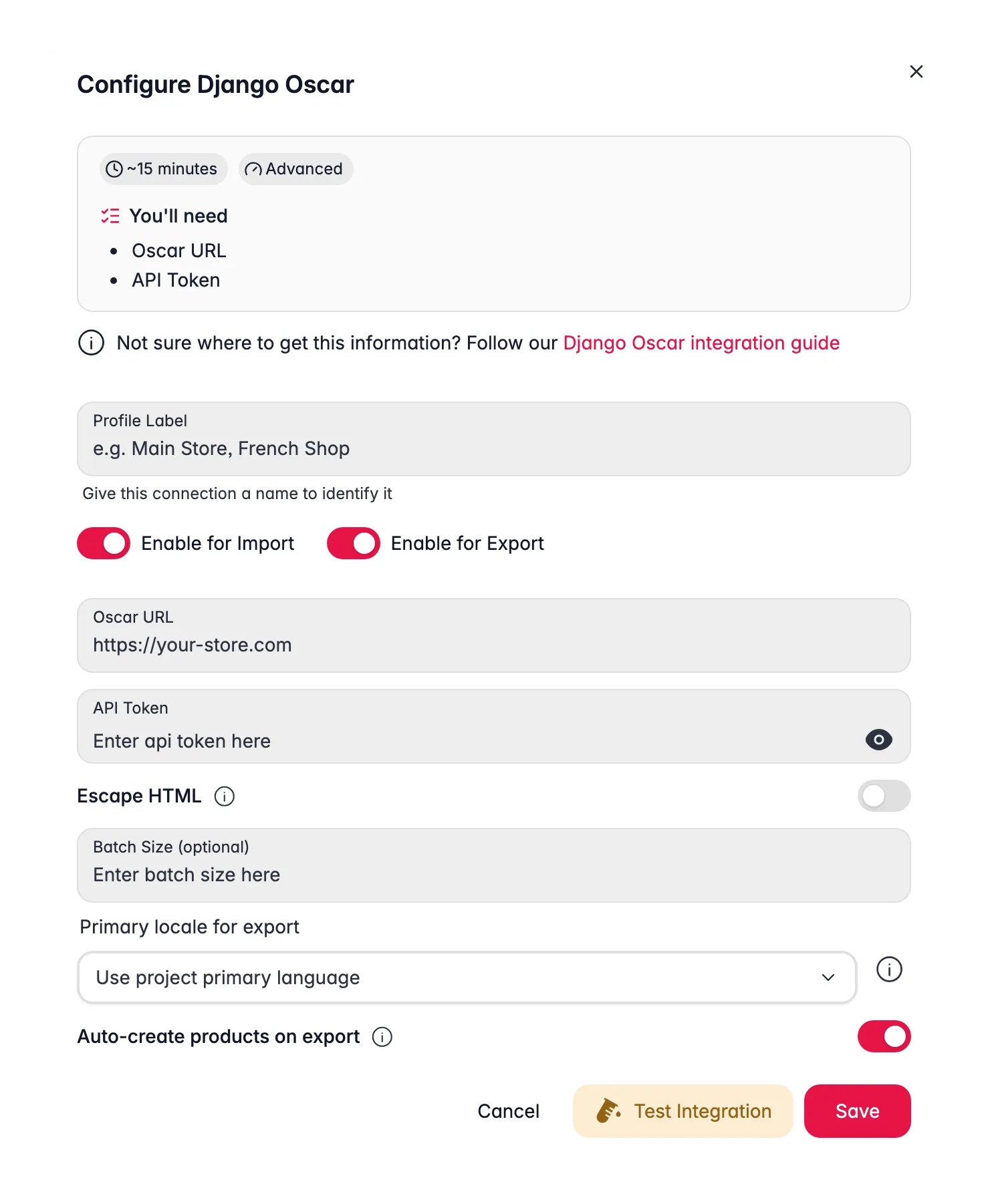 Connecting Django Oscar to WISEPIM, store URL, API token, locale mapping and a live connection test