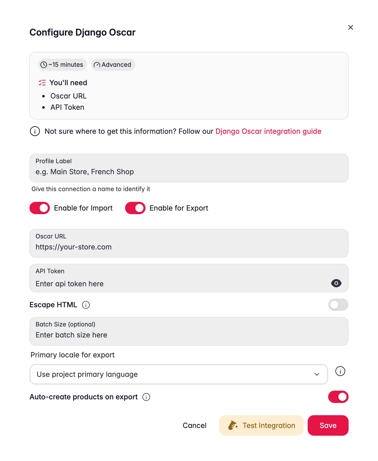 Connecting Django Oscar to WISEPIM, store URL, API token, locale mapping and a live connection test