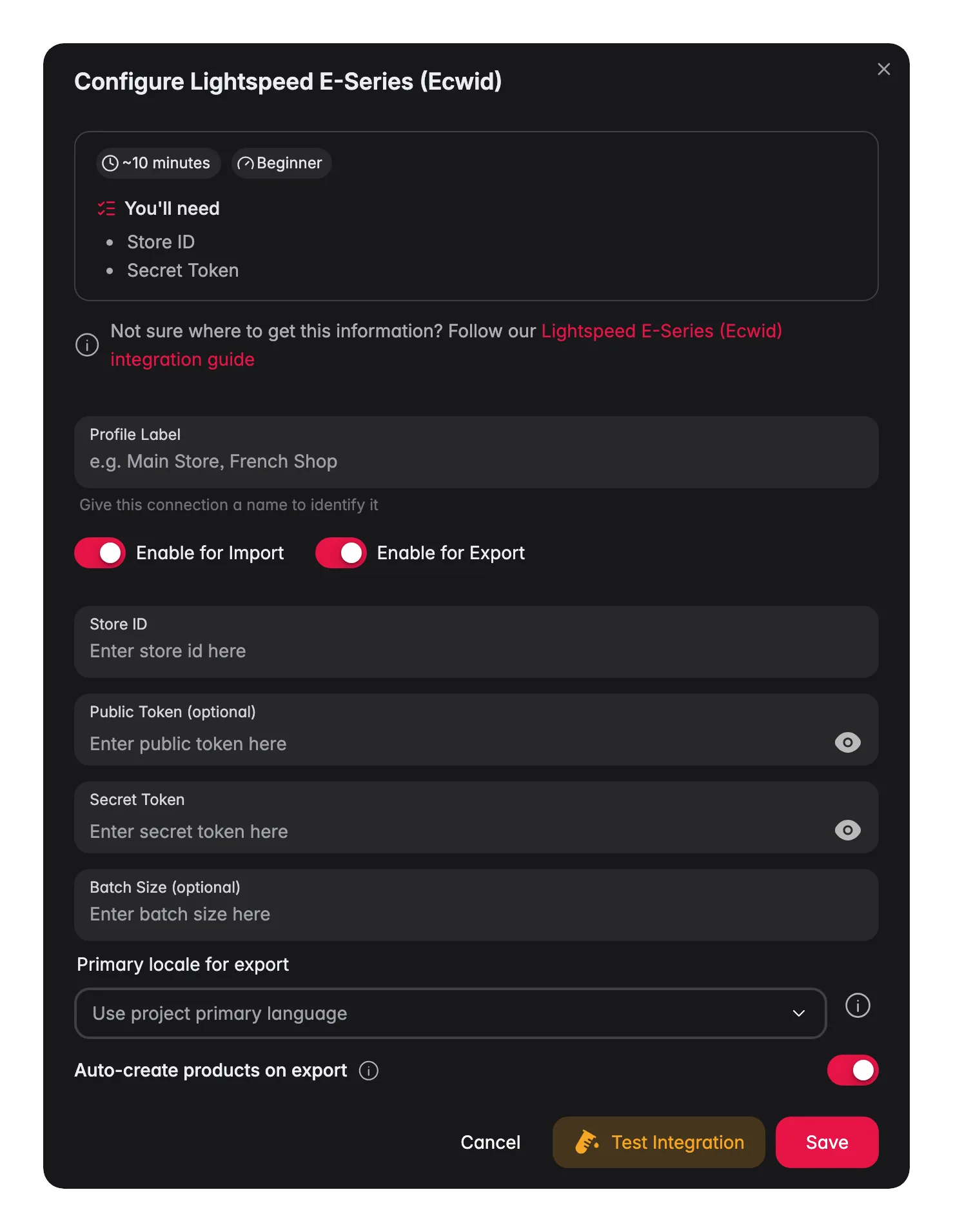 Connecting Lightspeed E-Series (Ecwid) to WISEPIM, credentials, locale mapping and a live connection test