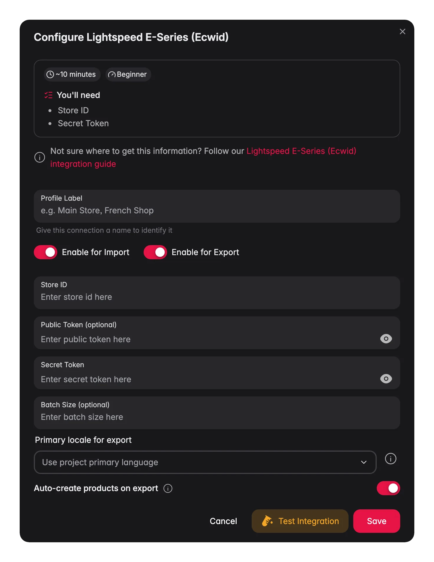 Connecting Lightspeed E-Series (Ecwid) to WISEPIM, credentials, locale mapping and a live connection test
