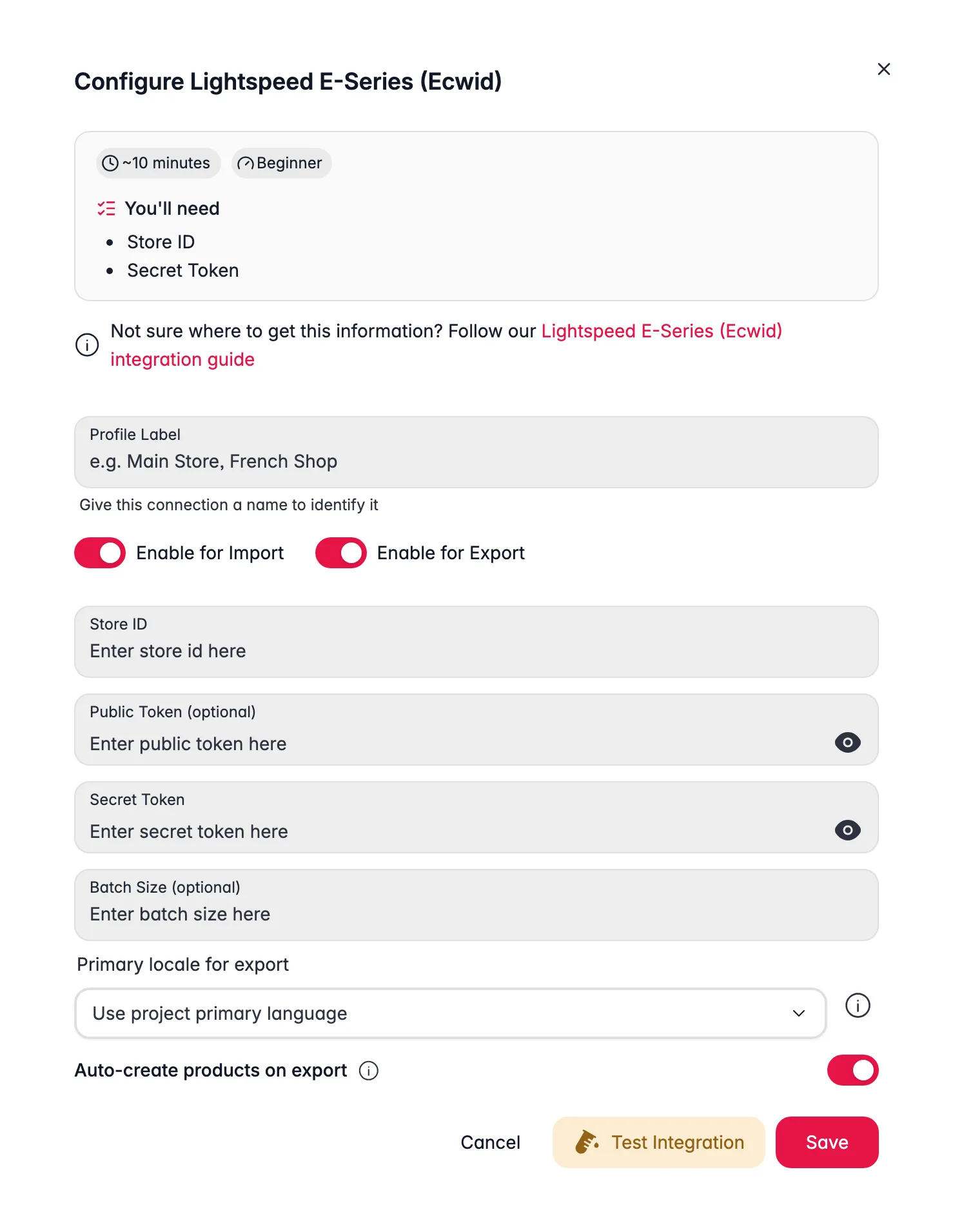 Connecting Lightspeed E-Series (Ecwid) to WISEPIM, credentials, locale mapping and a live connection test