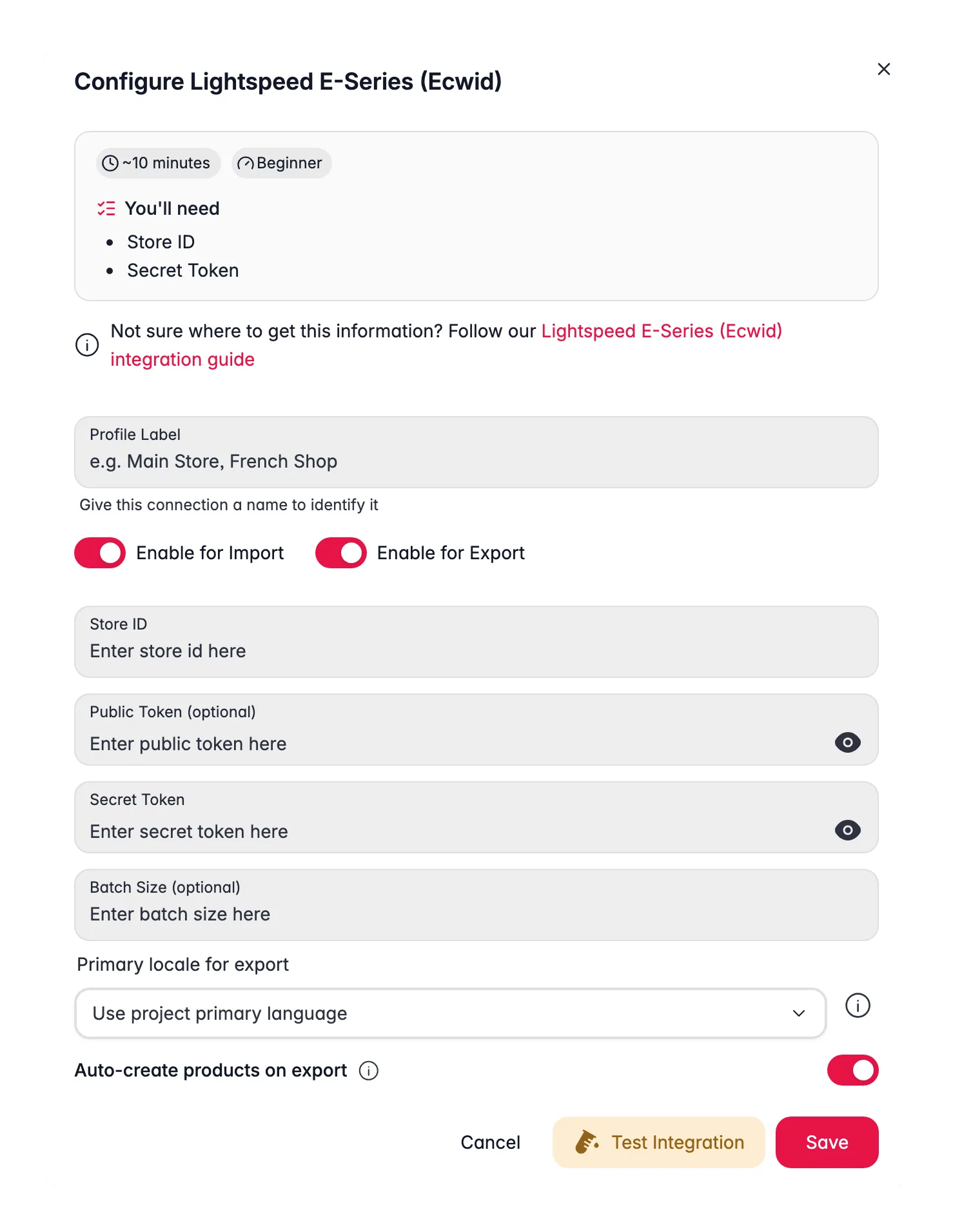 Connecting Lightspeed E-Series (Ecwid) to WISEPIM, credentials, locale mapping and a live connection test