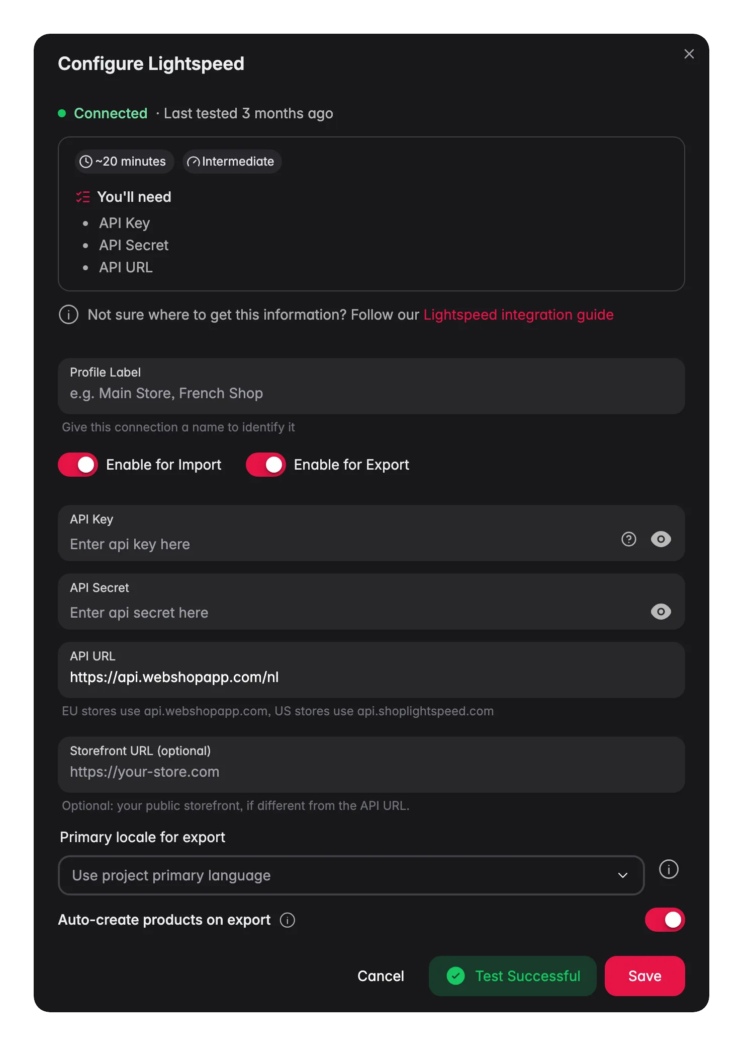 Connecting Lightspeed (C-Series) to WISEPIM, credentials, locale mapping and a live connection test