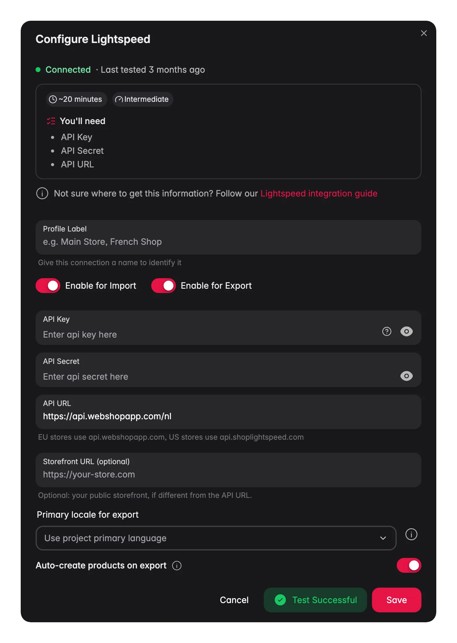 Connecting Lightspeed (C-Series) to WISEPIM, credentials, locale mapping and a live connection test