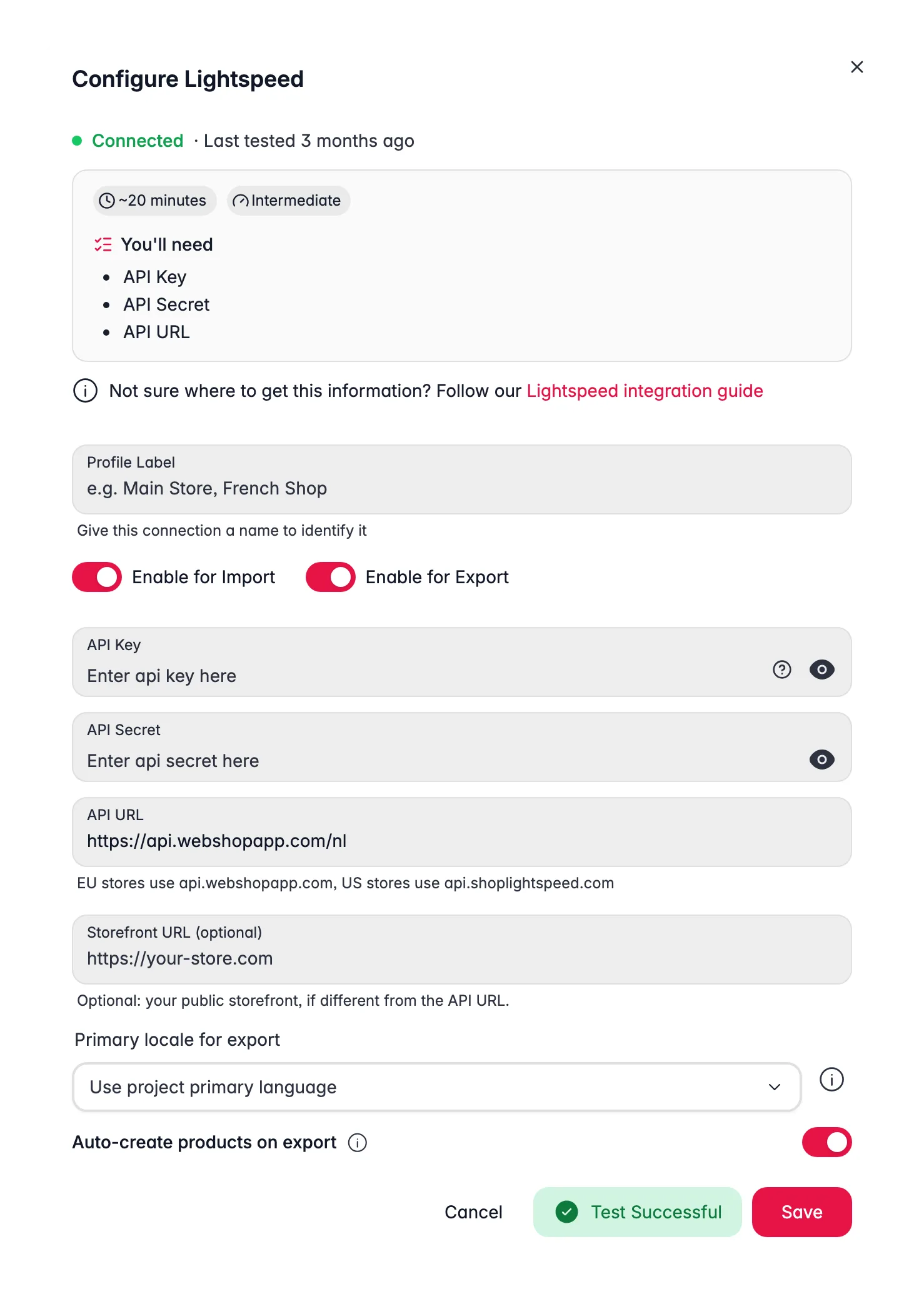 Connecting Lightspeed (C-Series) to WISEPIM, credentials, locale mapping and a live connection test