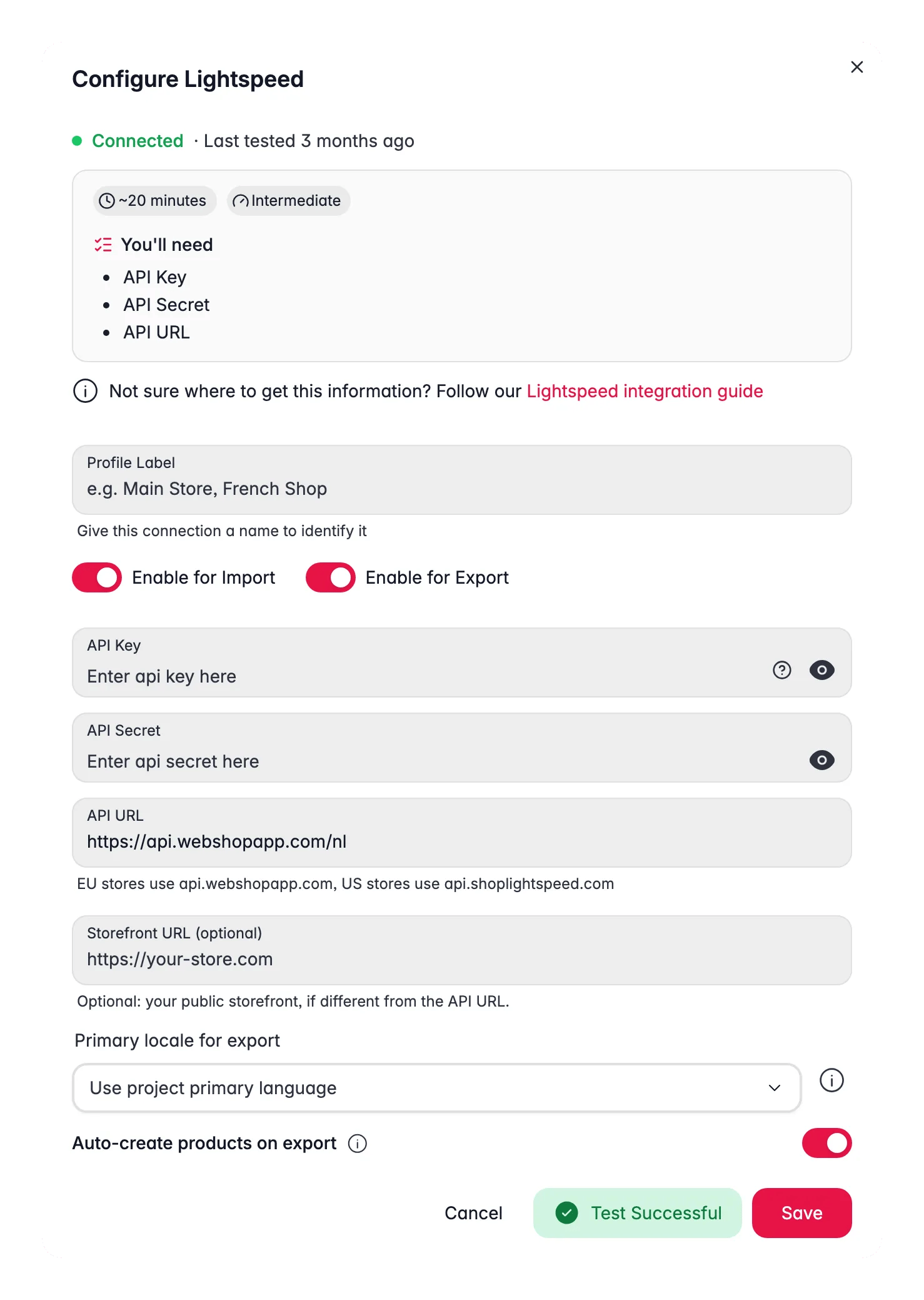 Connecting Lightspeed (C-Series) to WISEPIM, credentials, locale mapping and a live connection test