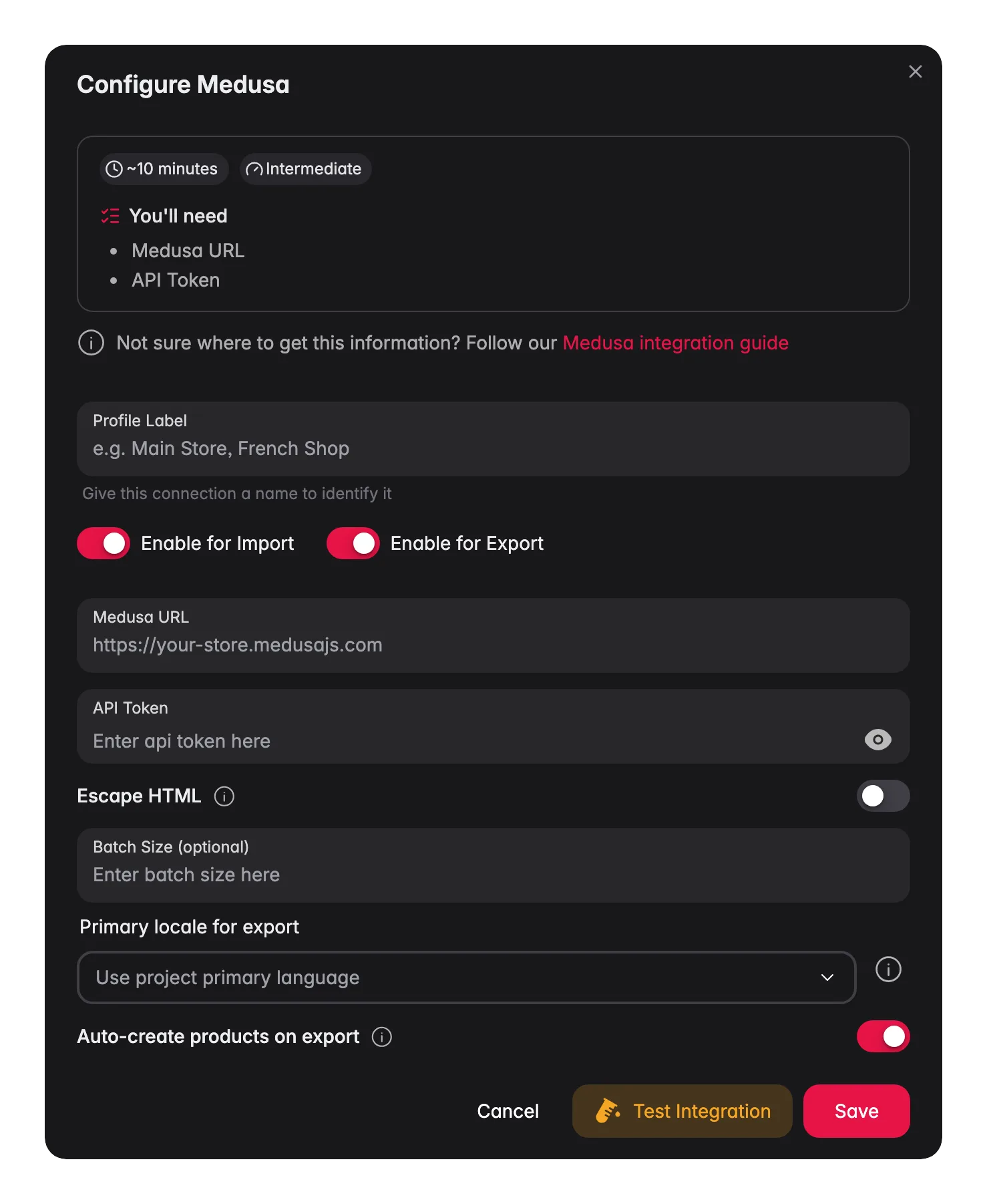 Connecting Medusa to WISEPIM, store URL, API token, locale mapping and a live connection test