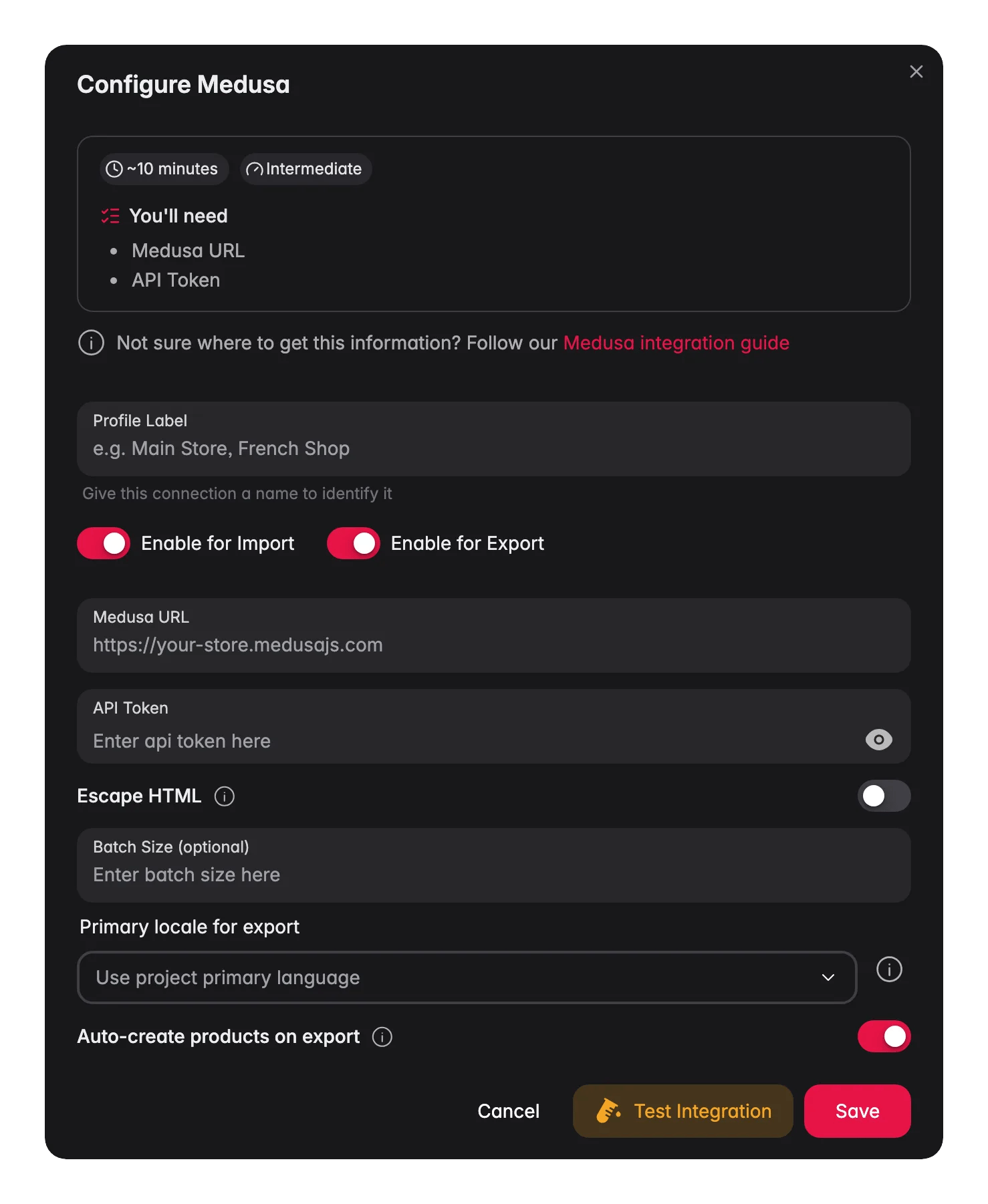 Connecting Medusa to WISEPIM, store URL, API token, locale mapping and a live connection test