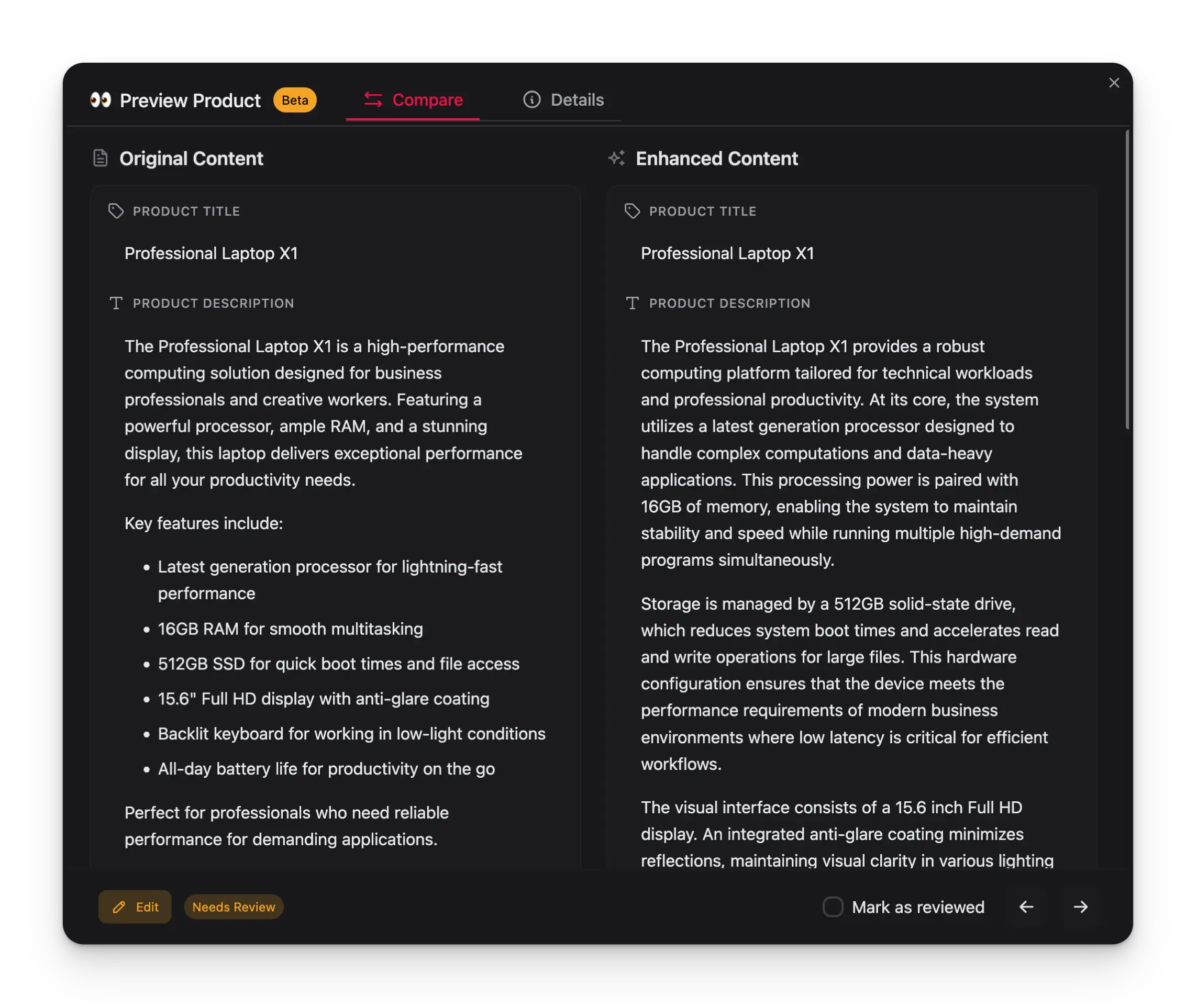 Product preview modal comparing original and enhanced content