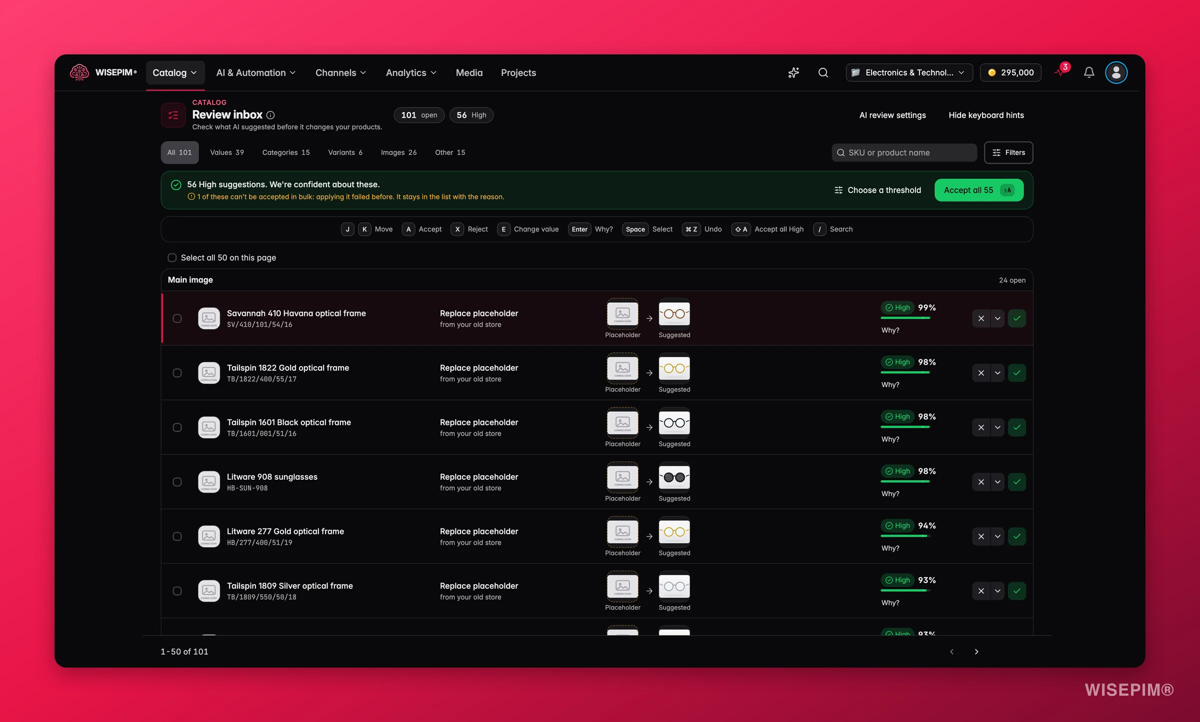 WISEPIM Review inbox with open and High counts, type tabs, search and Filters, a banner to accept all High suggestions, keyboard hints and Main image rows replacing placeholders with suggested photos at High confidence