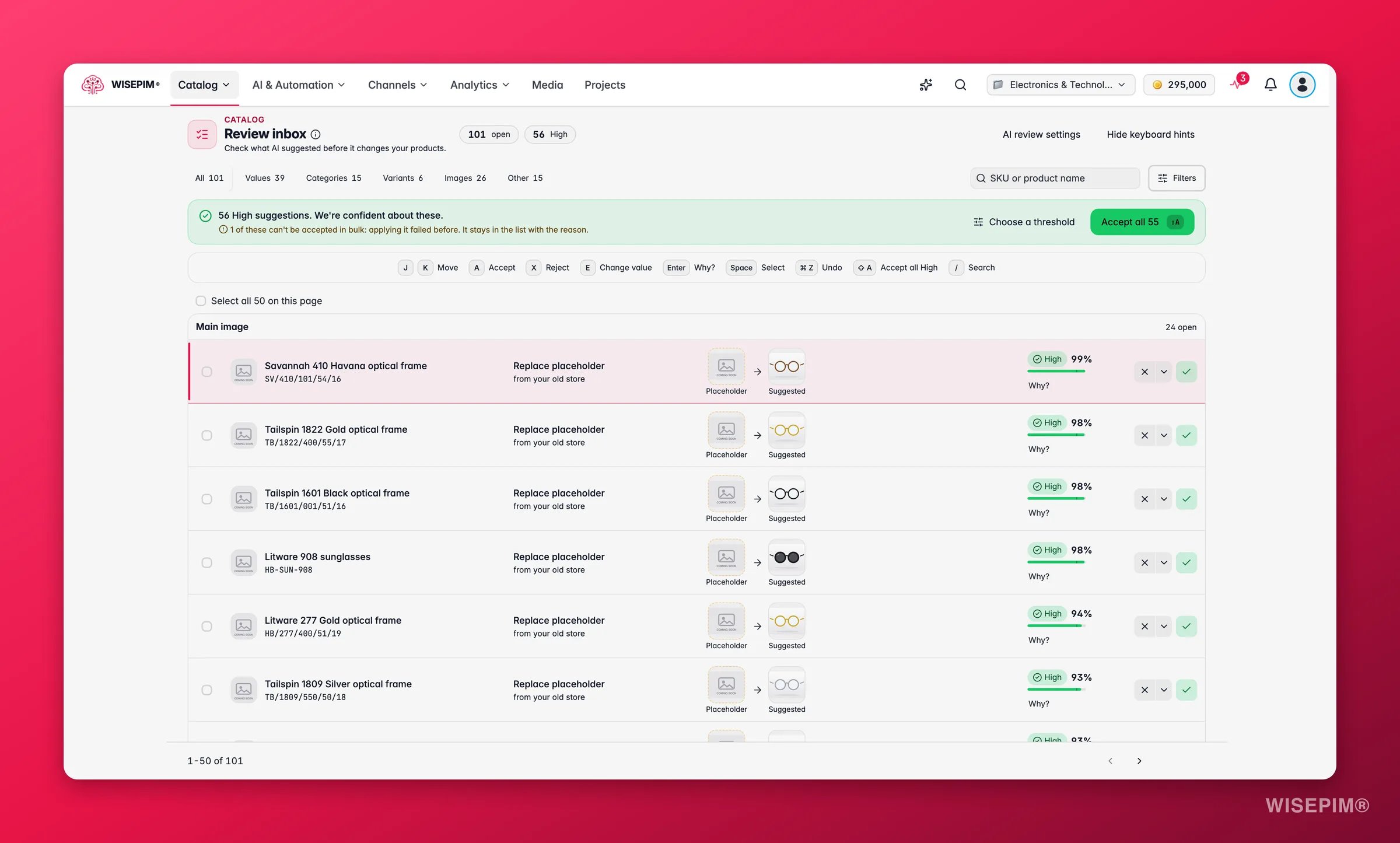 WISEPIM-Prüfpostfach mit Zählern für offene und Hoch-Vorschläge, Typ-Tabs, Suche und Filter, einem Banner zum Übernehmen aller Hoch-Vorschläge, Tastaturhinweisen und Hauptbild-Zeilen, die Platzhalter mit hoher Sicherheit durch vorgeschlagene Fotos ersetzen