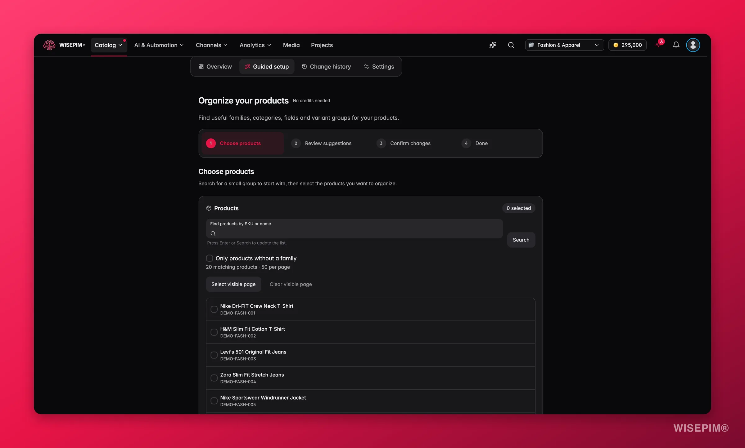 Paso Elegir productos de la configuración guiada de WISEPIM con una búsqueda de productos, un filtro Solo productos sin familia y una lista de productos seleccionables