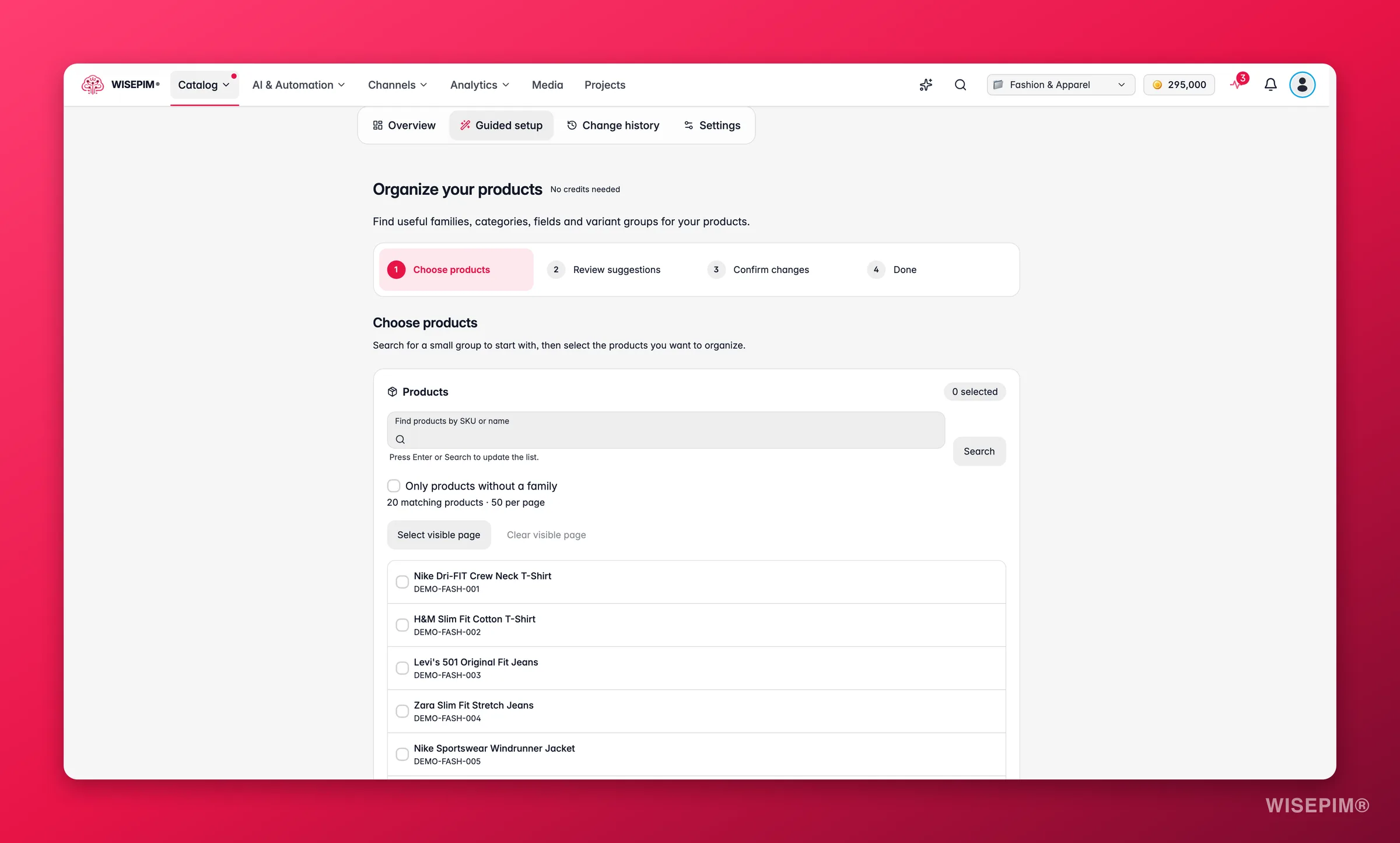 Paso Elegir productos de la configuración guiada de WISEPIM con una búsqueda de productos, un filtro Solo productos sin familia y una lista de productos seleccionables