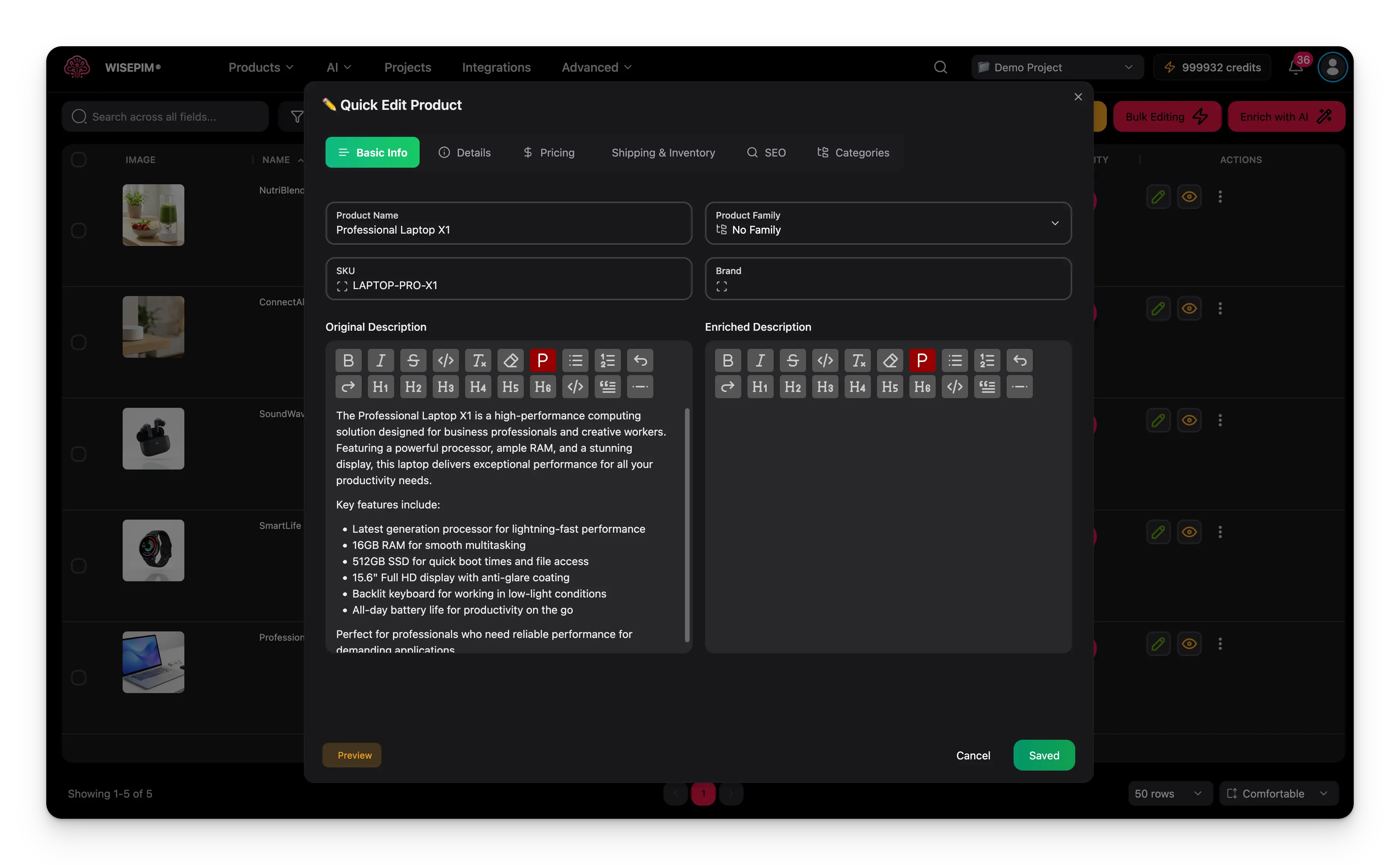 Quick edit modal showing product fields