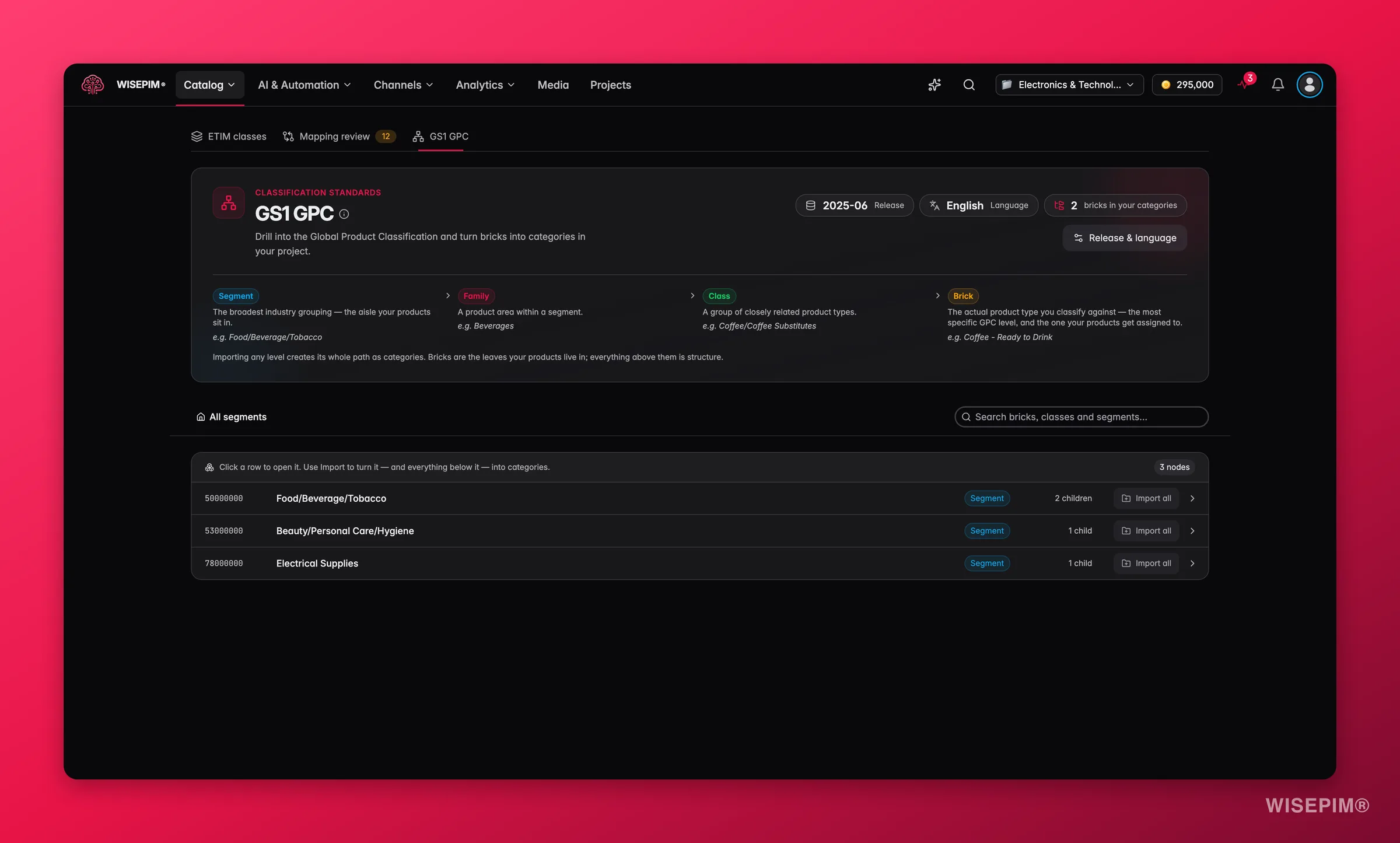 WISEPIM-GS1-GPC-Browser beim Navigieren von Segmenten zu Bricks mit Aktionen zum Hinzufügen als Kategorie