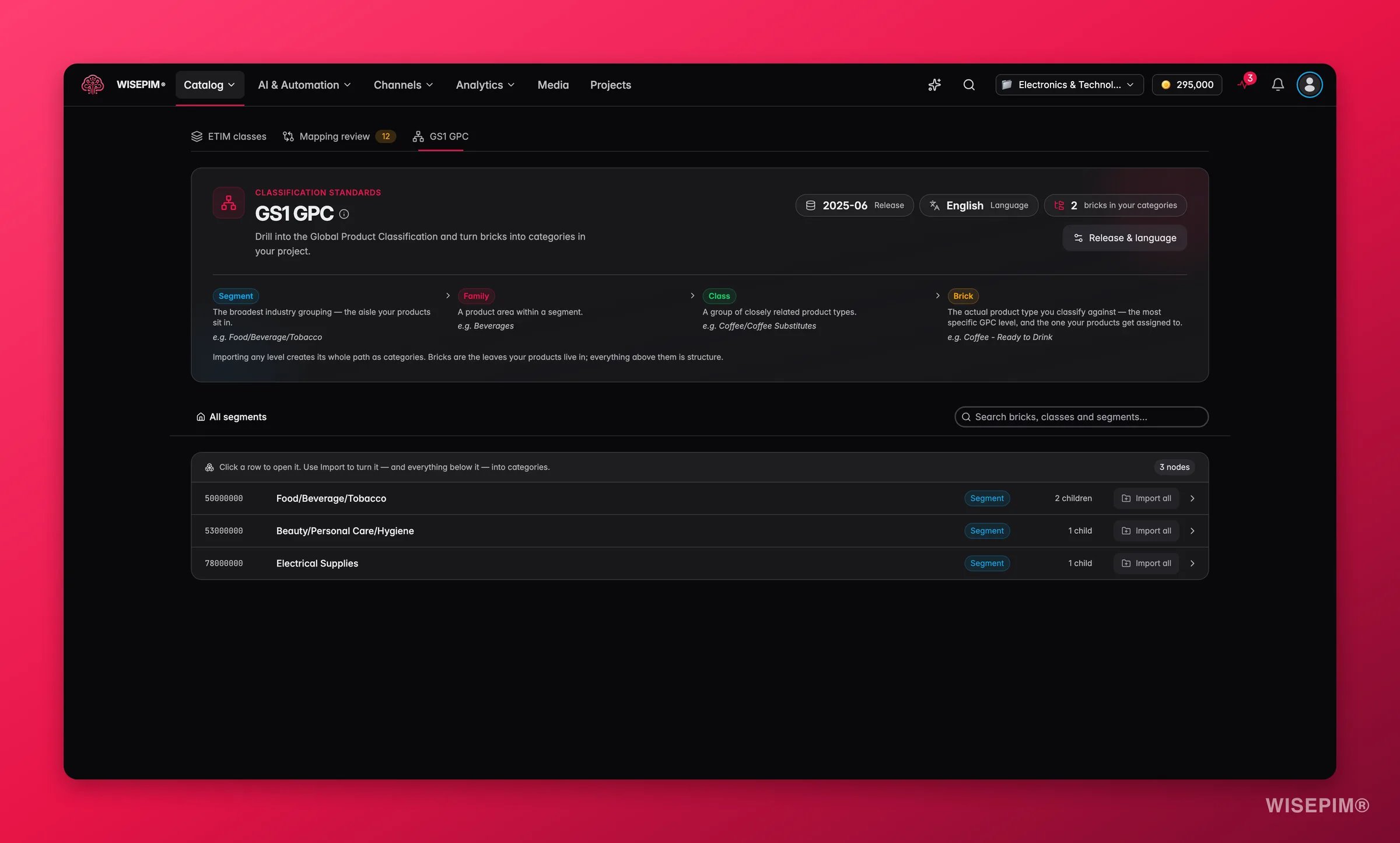 WISEPIM-GS1-GPC-Browser beim Navigieren von Segmenten zu Bricks mit Aktionen zum Hinzufügen als Kategorie