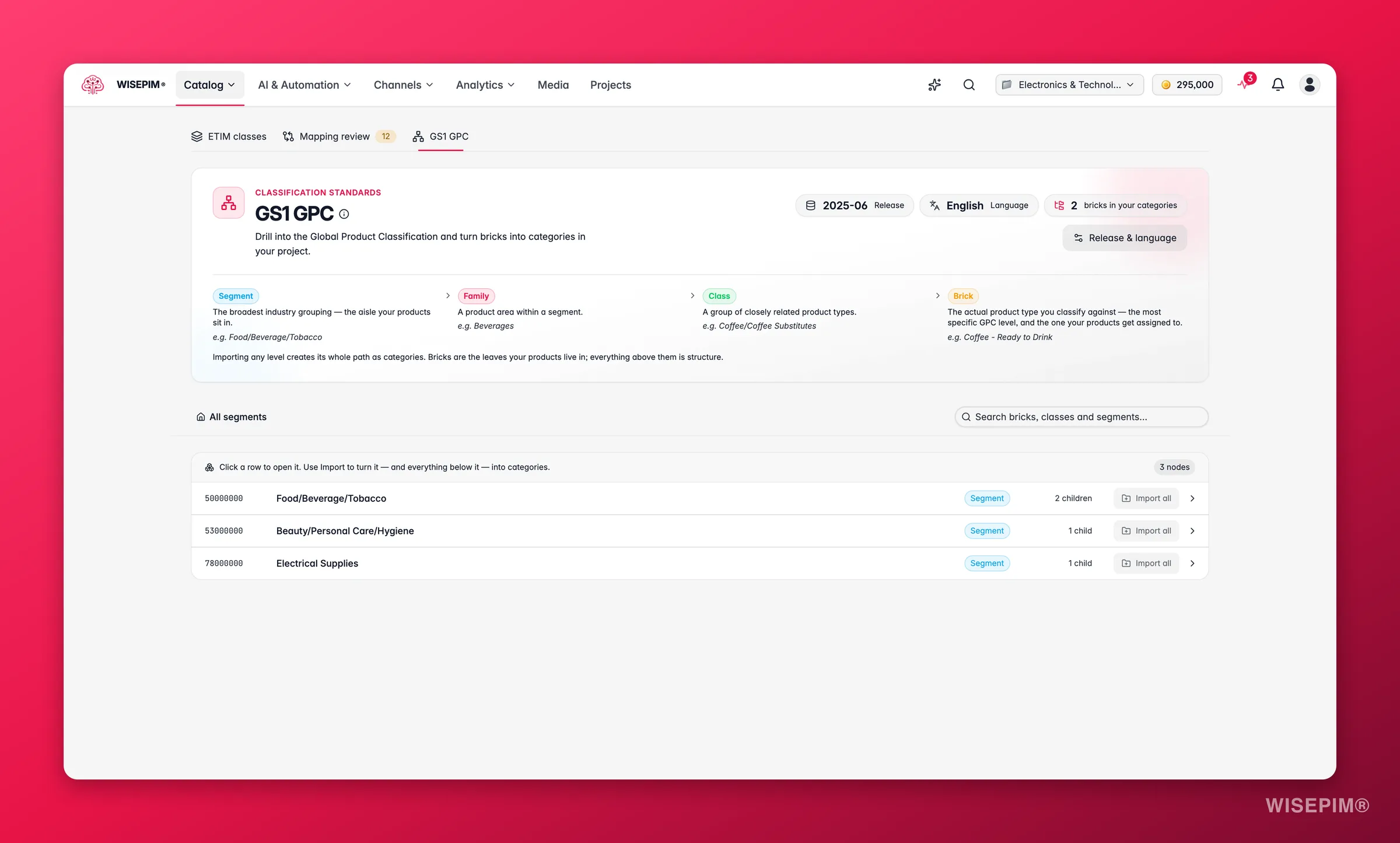 WISEPIM-GS1-GPC-Browser beim Navigieren von Segmenten zu Bricks mit Aktionen zum Hinzufügen als Kategorie