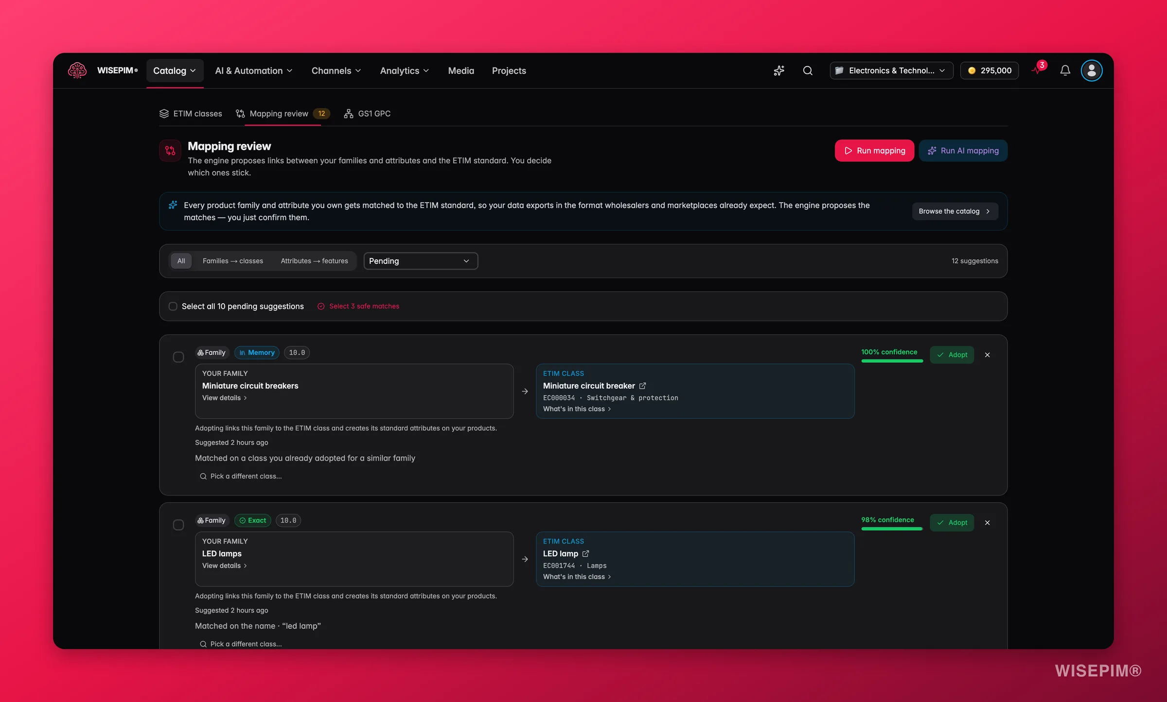 WISEPIM ETIM mapping review queue with tiered suggestions, confidence scores and adopt or dismiss actions