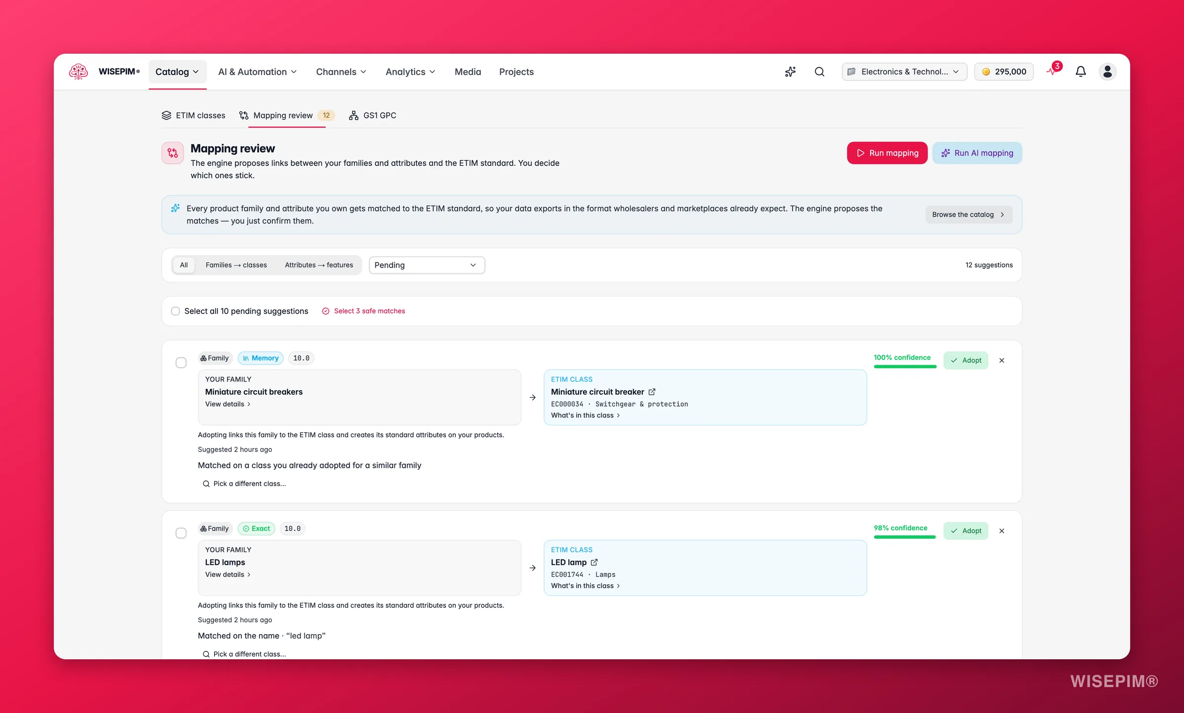 WISEPIM ETIM mapping review queue with tiered suggestions, confidence scores and adopt or dismiss actions