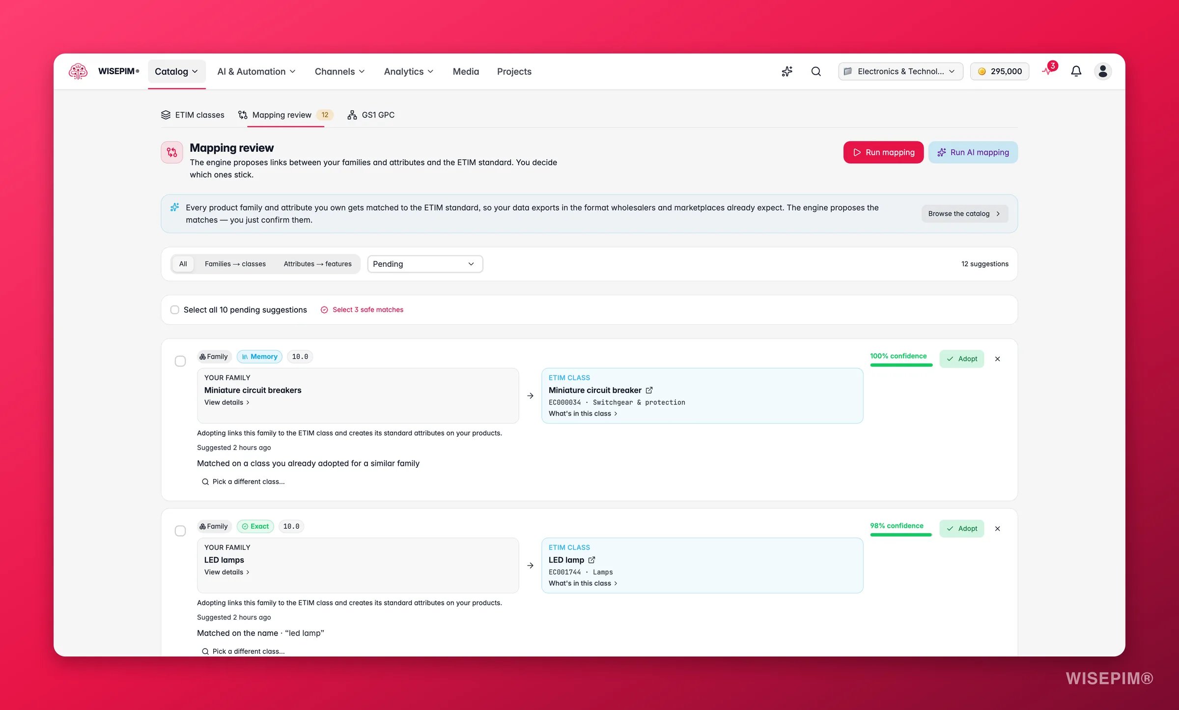 WISEPIM-ETIM-Mapping-Prüfung mit gestuften Vorschlägen, Konfidenzwerten und Aktionen zum Übernehmen oder Verwerfen