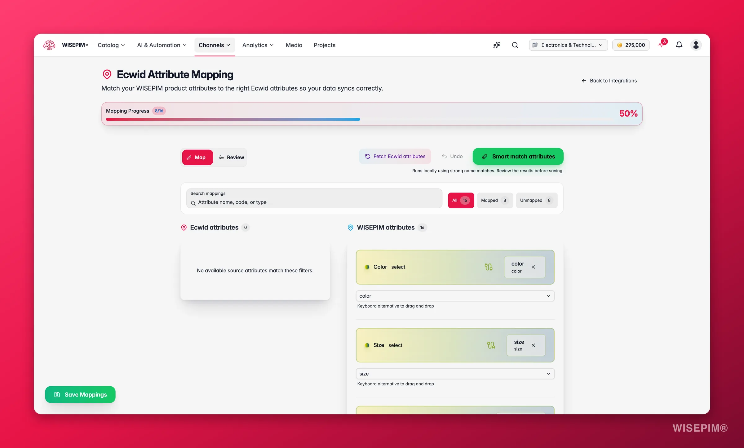 Attribut-Mapper der WISEPIM-Integration, der Plattformfelder auf WISEPIM-Produktattribute abbildet
