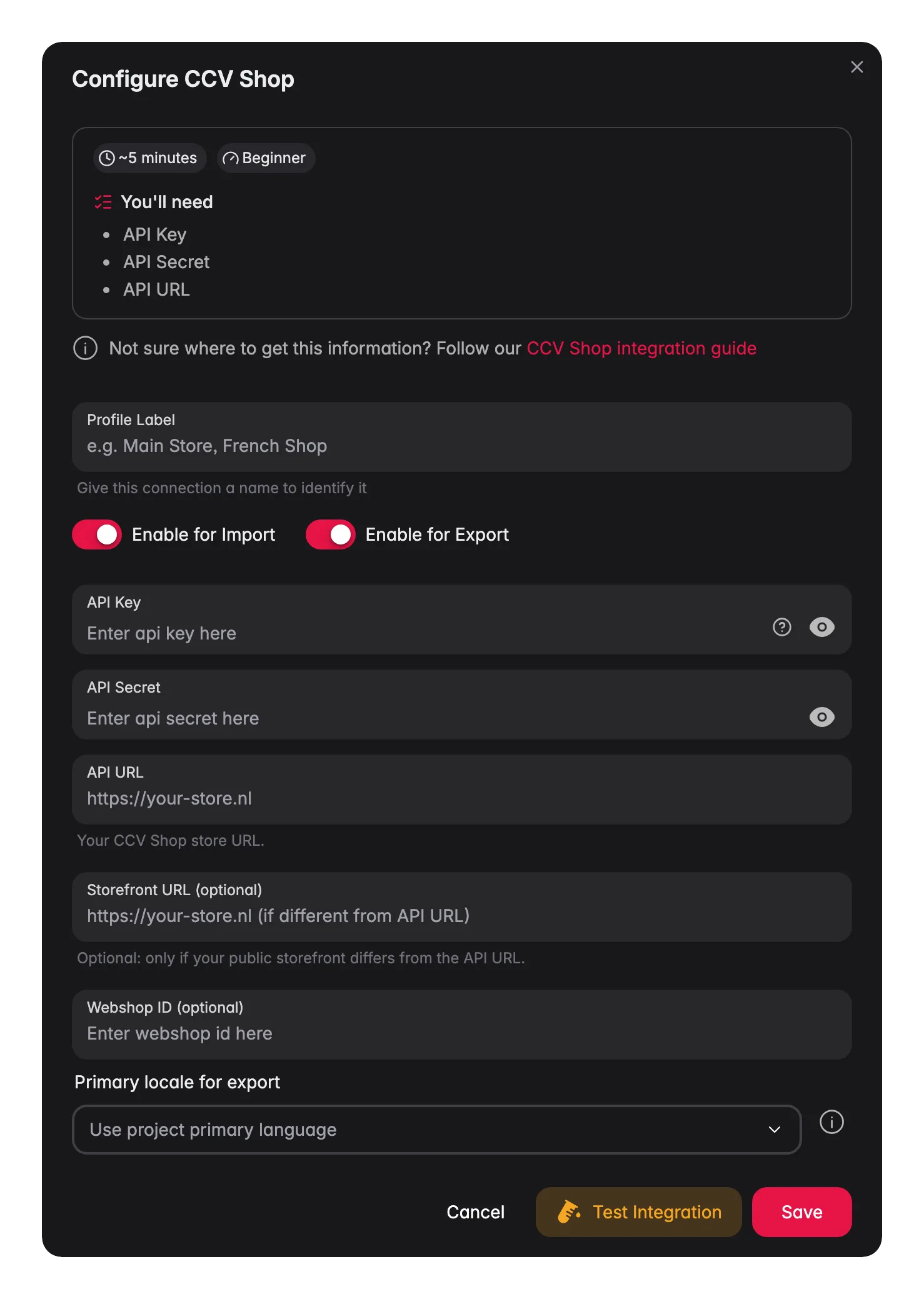 Connecting CCV Shop to WISEPIM, credentials, locale mapping and a live connection test