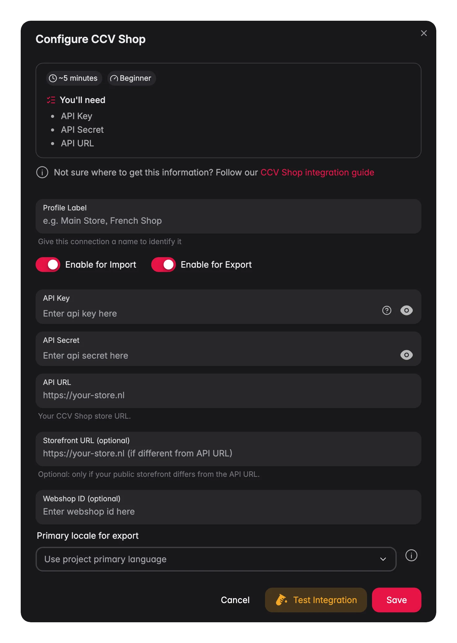 Connecting CCV Shop to WISEPIM, credentials, locale mapping and a live connection test