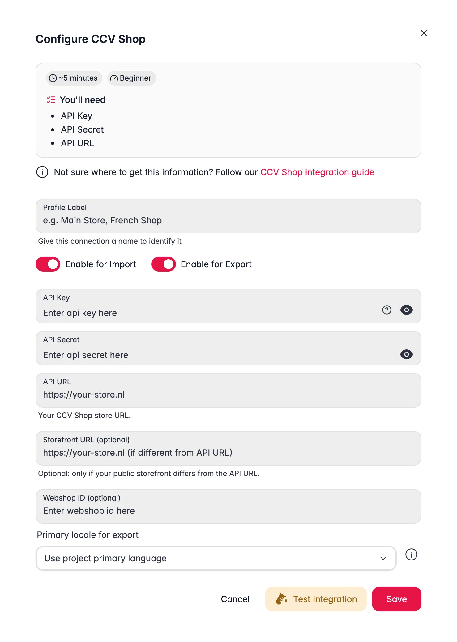 Connecting CCV Shop to WISEPIM, credentials, locale mapping and a live connection test