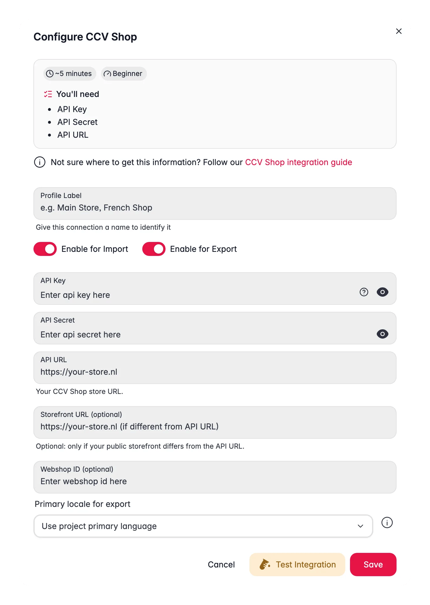 Connecting CCV Shop to WISEPIM, credentials, locale mapping and a live connection test