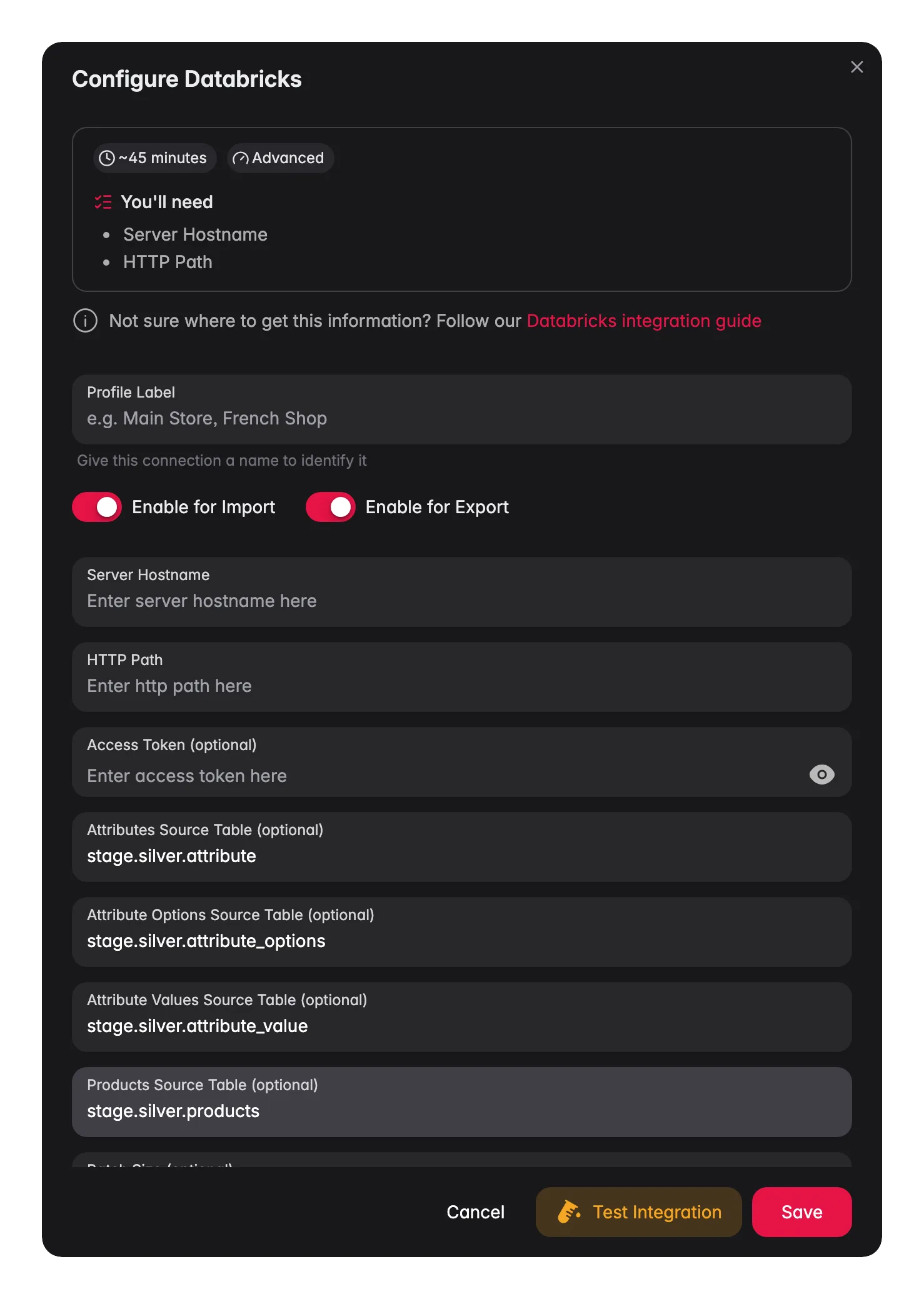 Connecting Databricks to WISEPIM, credentials, locale mapping and a live connection test