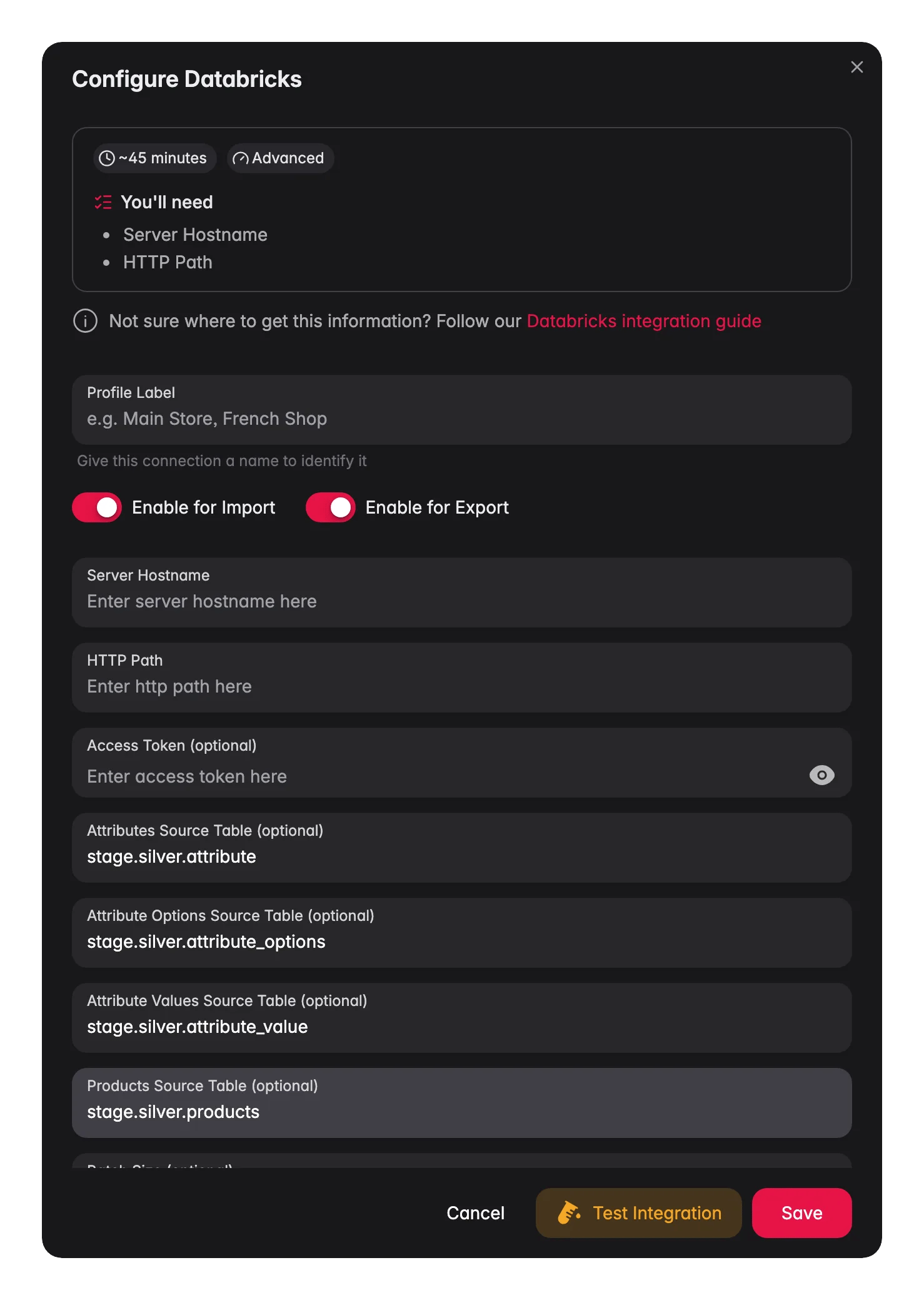Connecting Databricks to WISEPIM, credentials, locale mapping and a live connection test