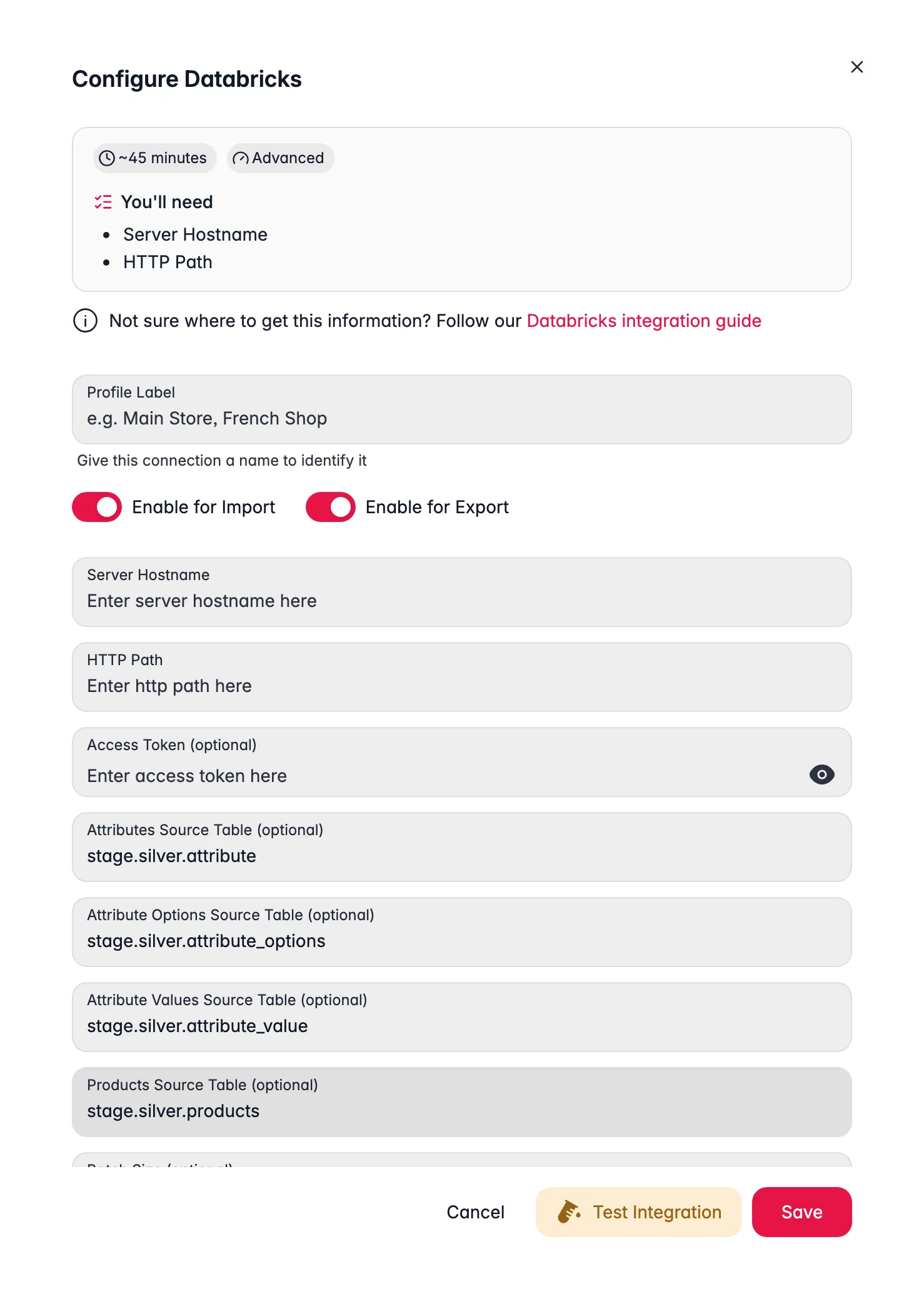 Connecting Databricks to WISEPIM, credentials, locale mapping and a live connection test