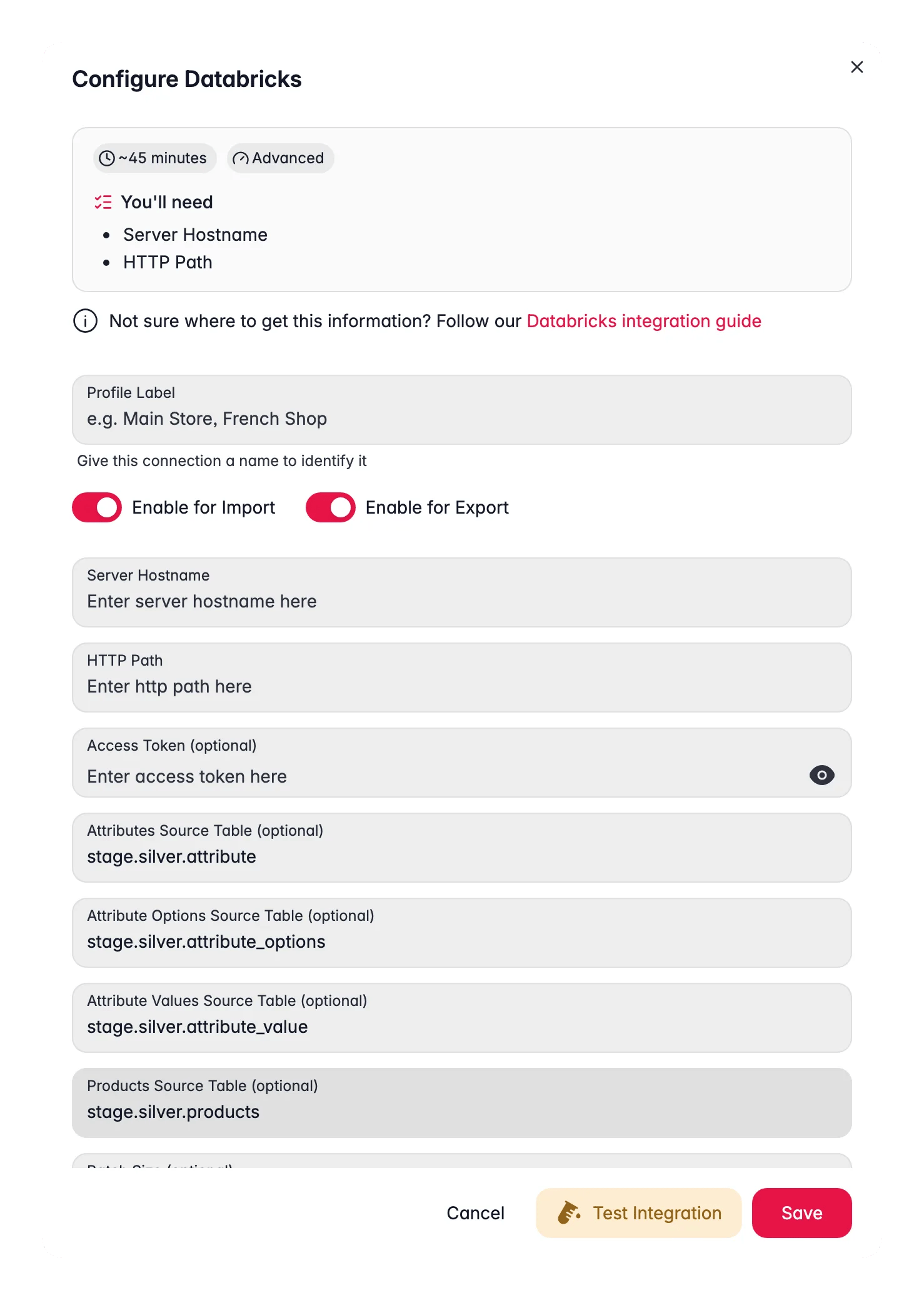 Connecting Databricks to WISEPIM, credentials, locale mapping and a live connection test