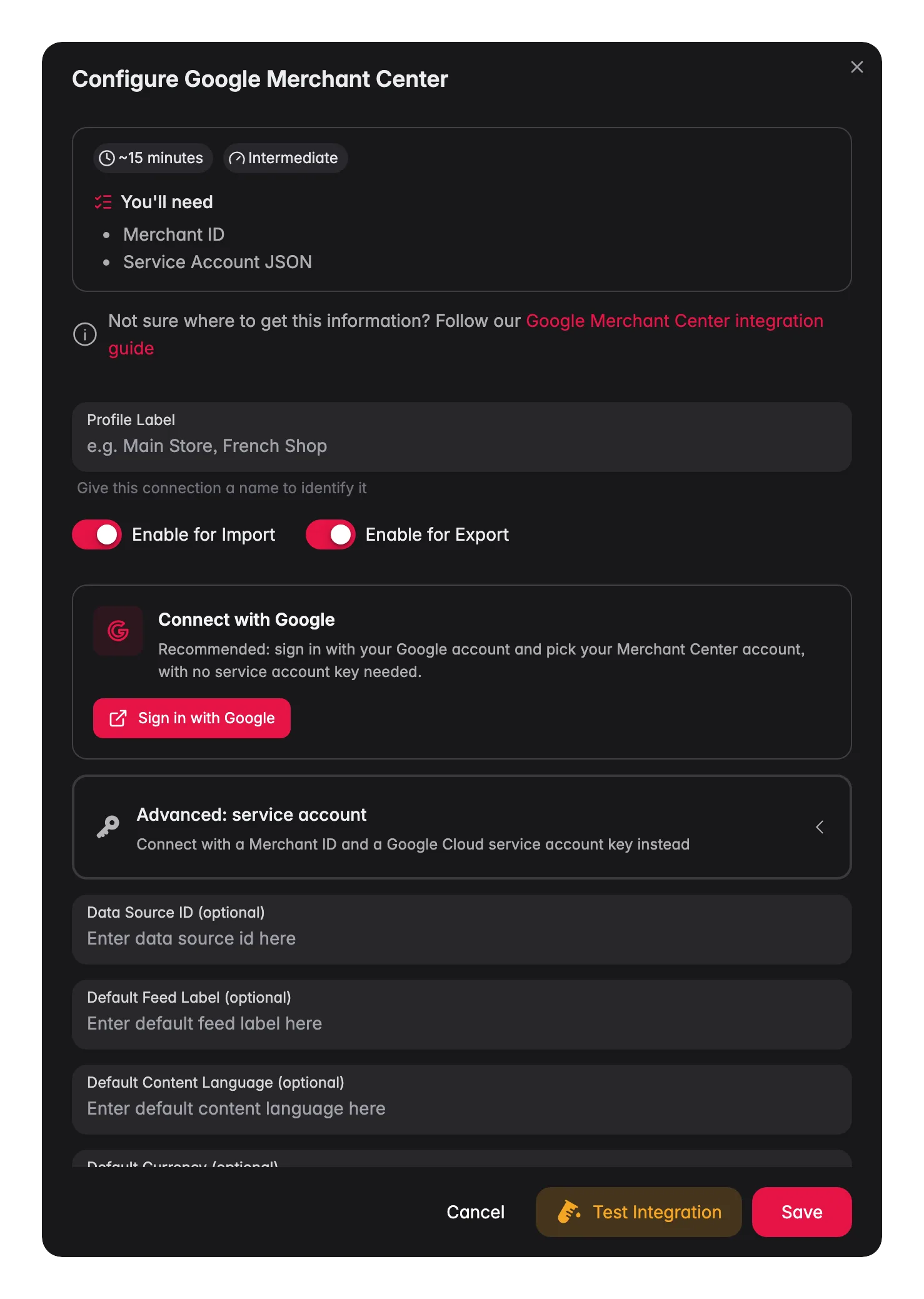 Connecting Google Merchant Center to WISEPIM, credentials, locale mapping and a live connection test