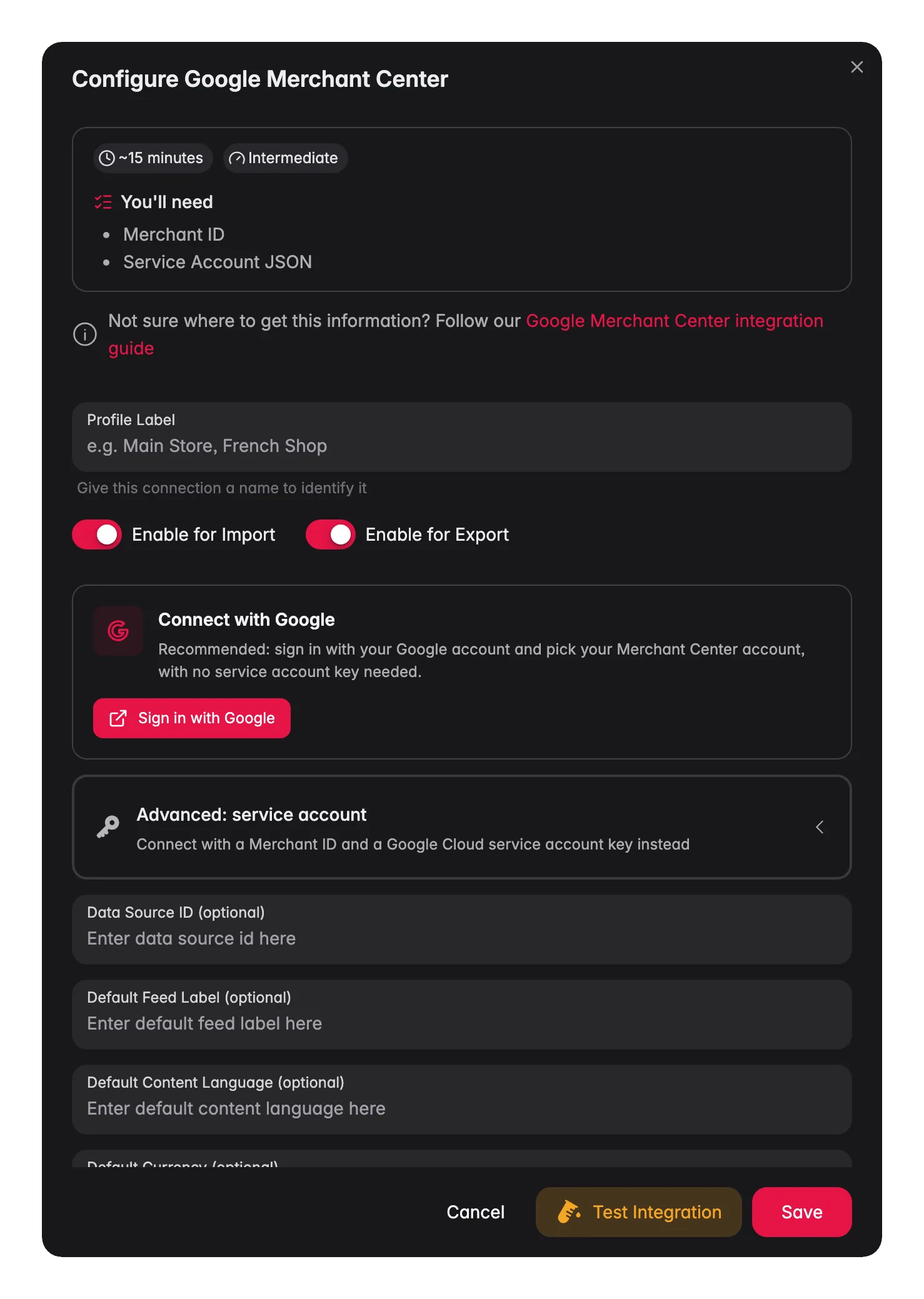 Connecting Google Merchant Center to WISEPIM, credentials, locale mapping and a live connection test