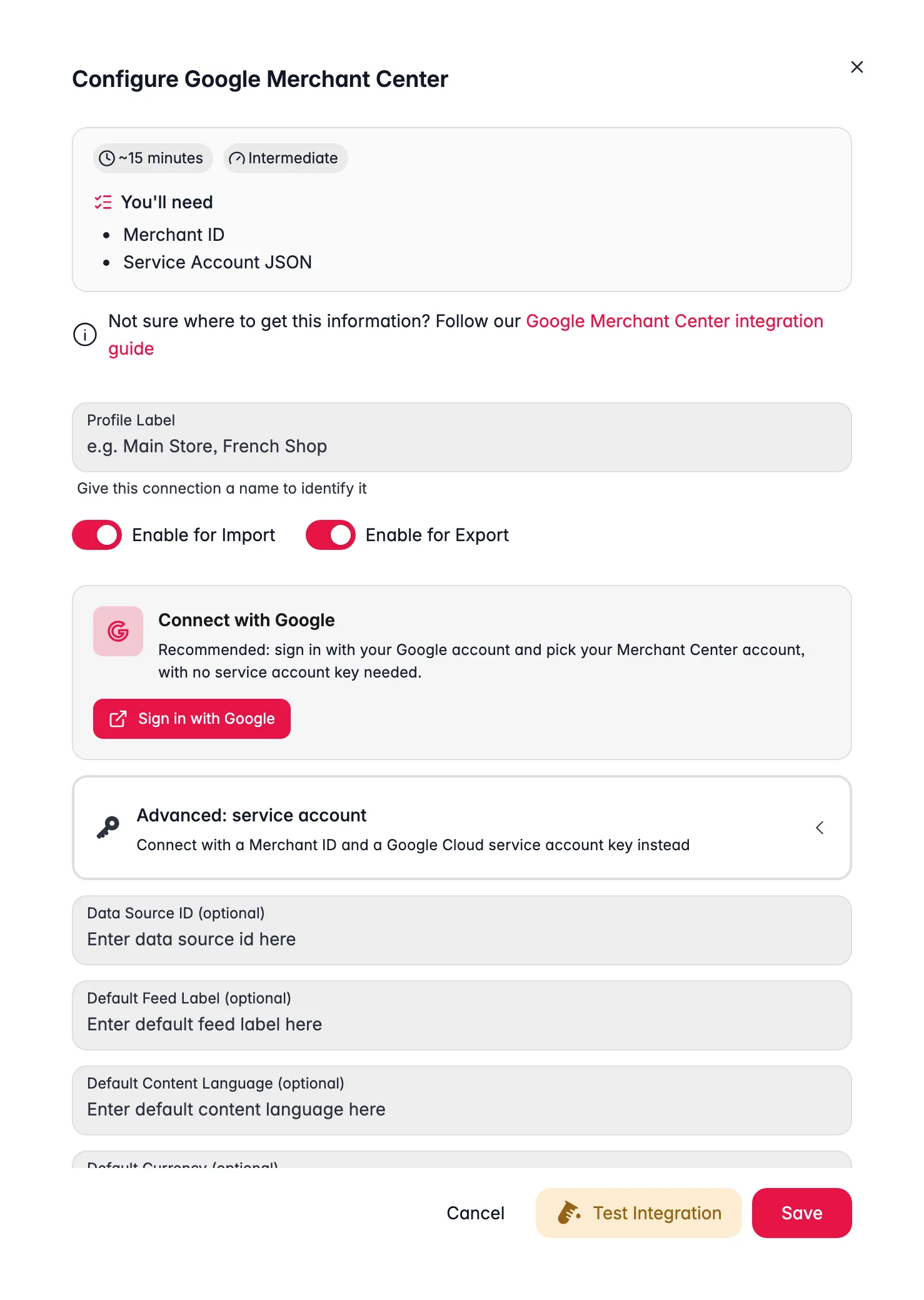 Connecting Google Merchant Center to WISEPIM, credentials, locale mapping and a live connection test