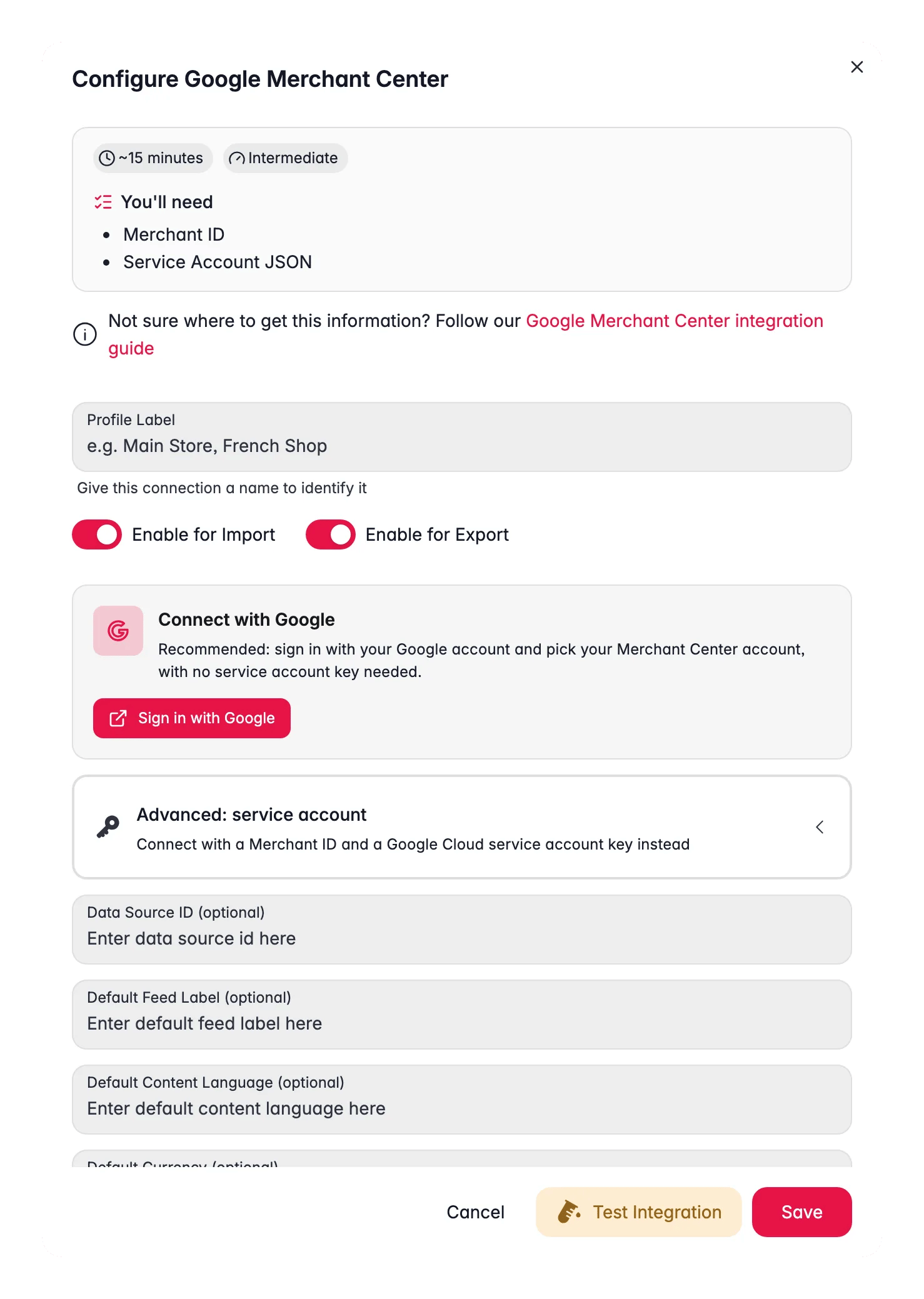 Connecting Google Merchant Center to WISEPIM, credentials, locale mapping and a live connection test