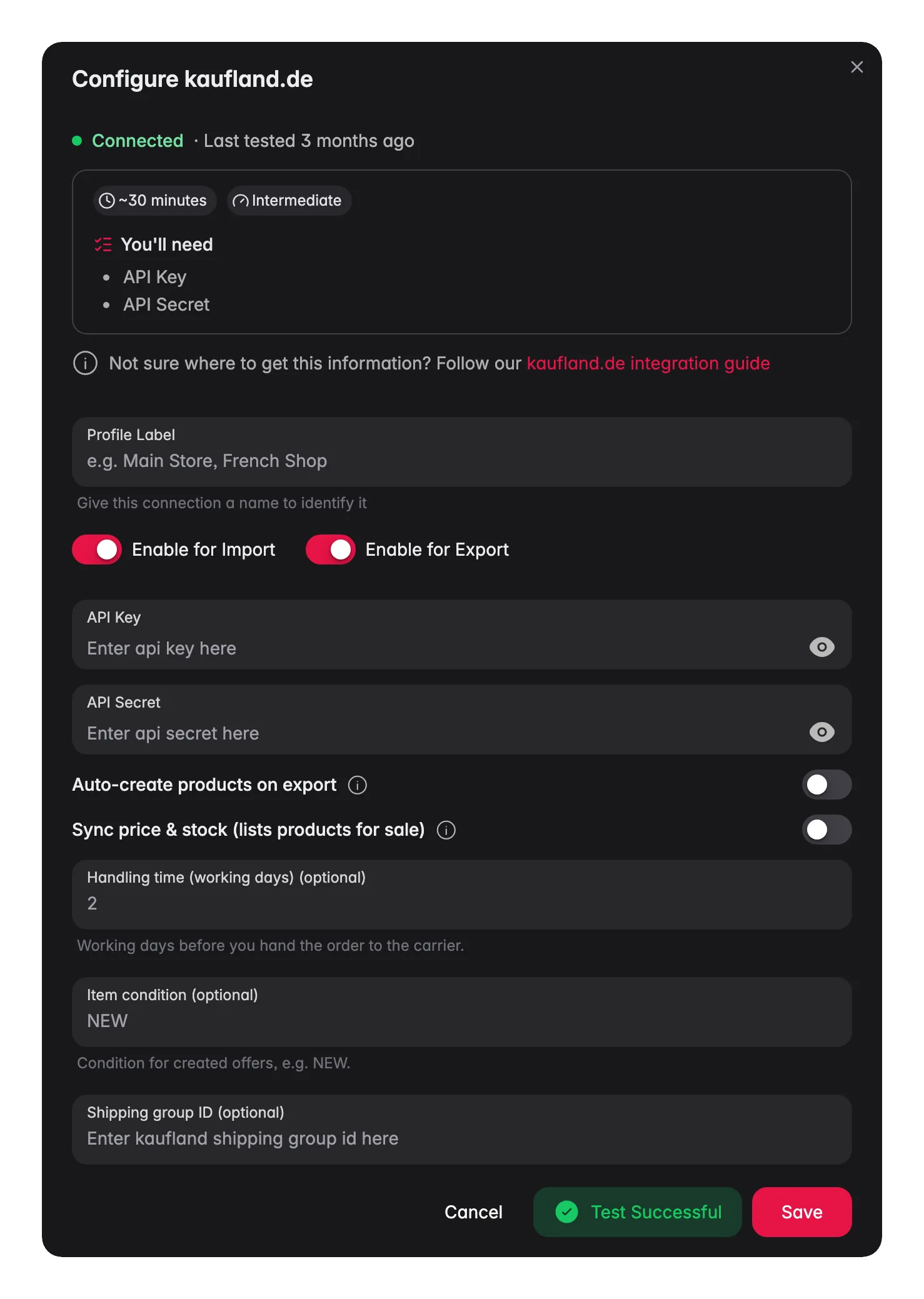 Connecting Kaufland.de to WISEPIM, credentials, locale mapping and a live connection test