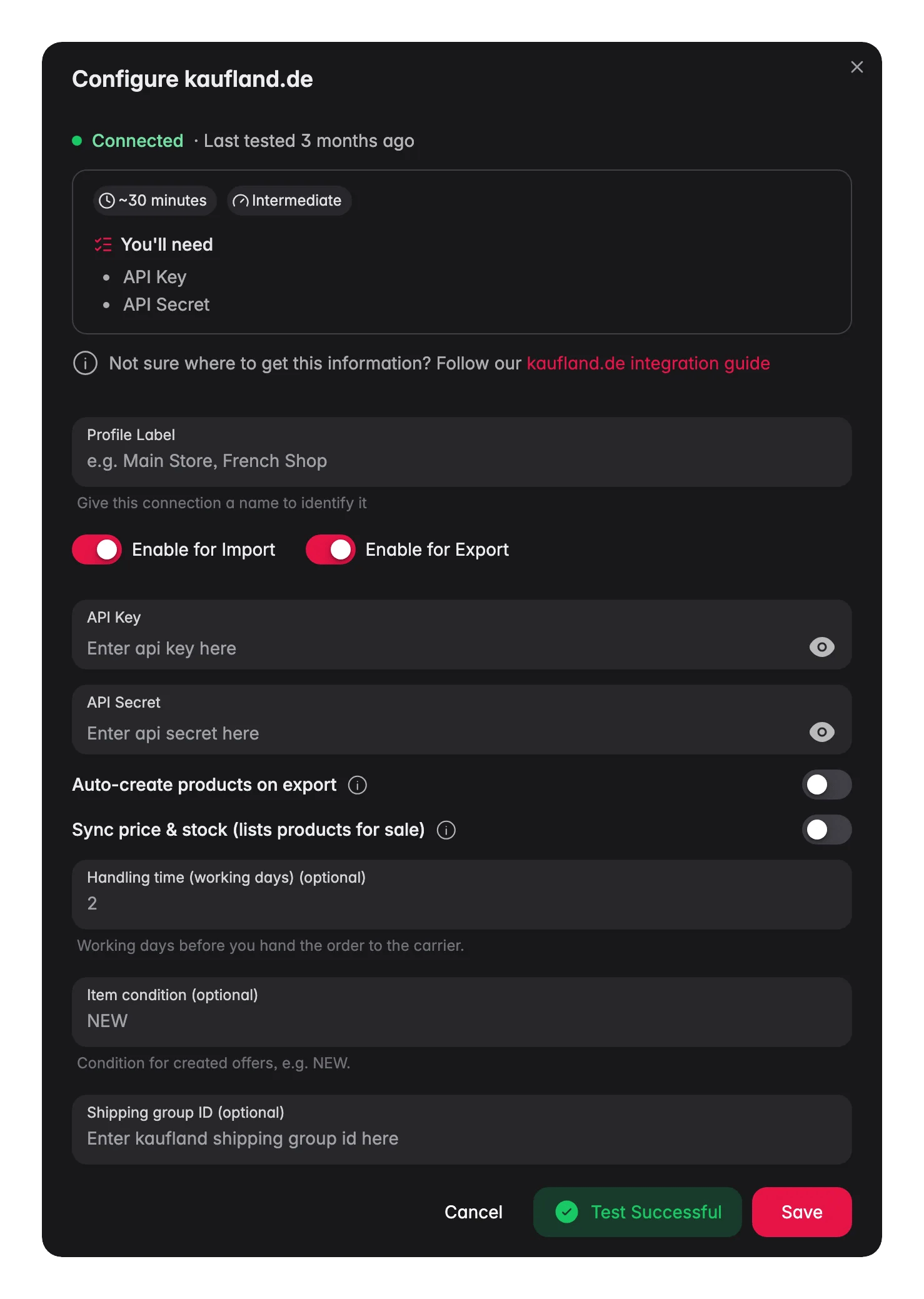 Connecting Kaufland.de to WISEPIM, credentials, locale mapping and a live connection test