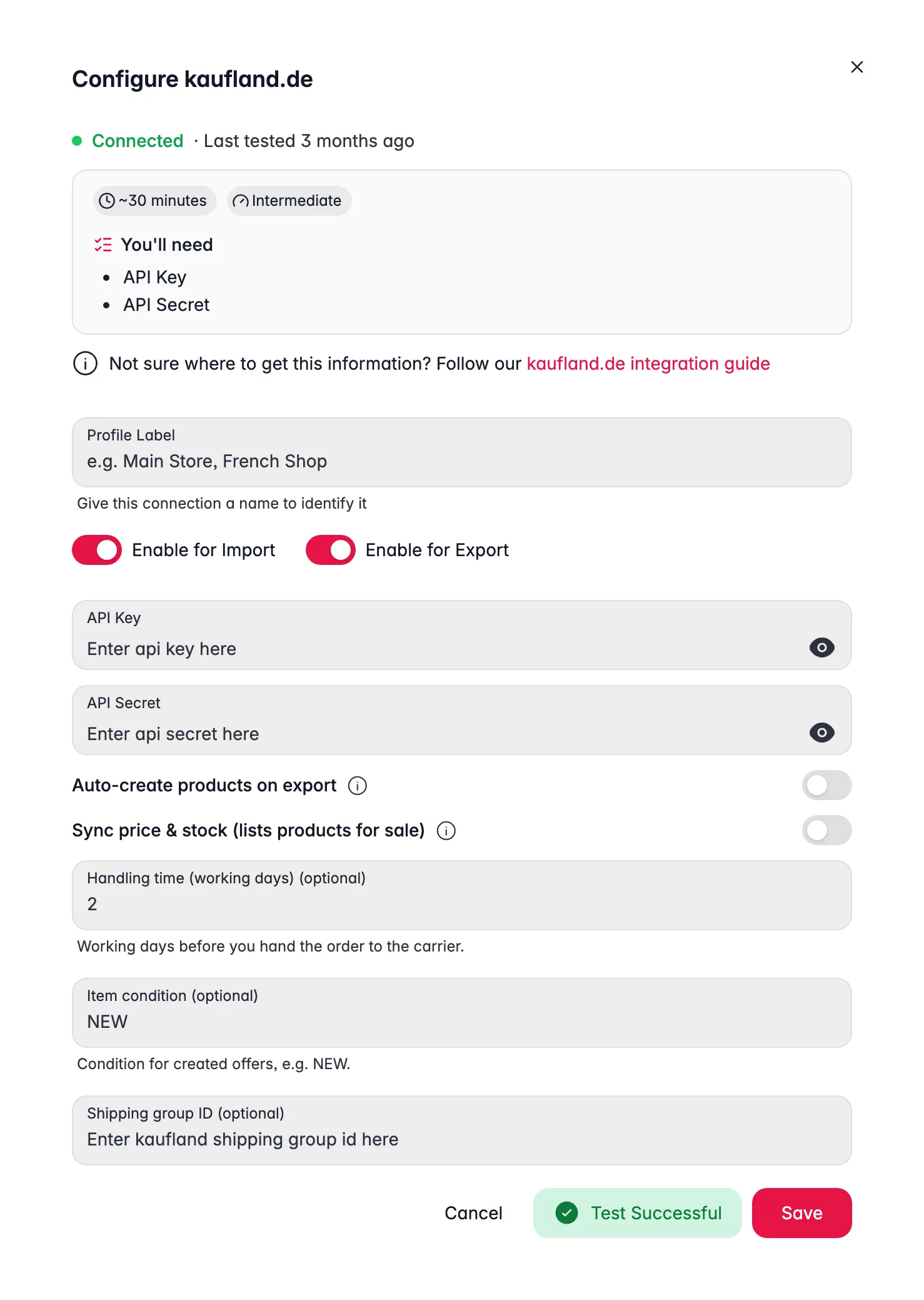 Connecting Kaufland.de to WISEPIM, credentials, locale mapping and a live connection test