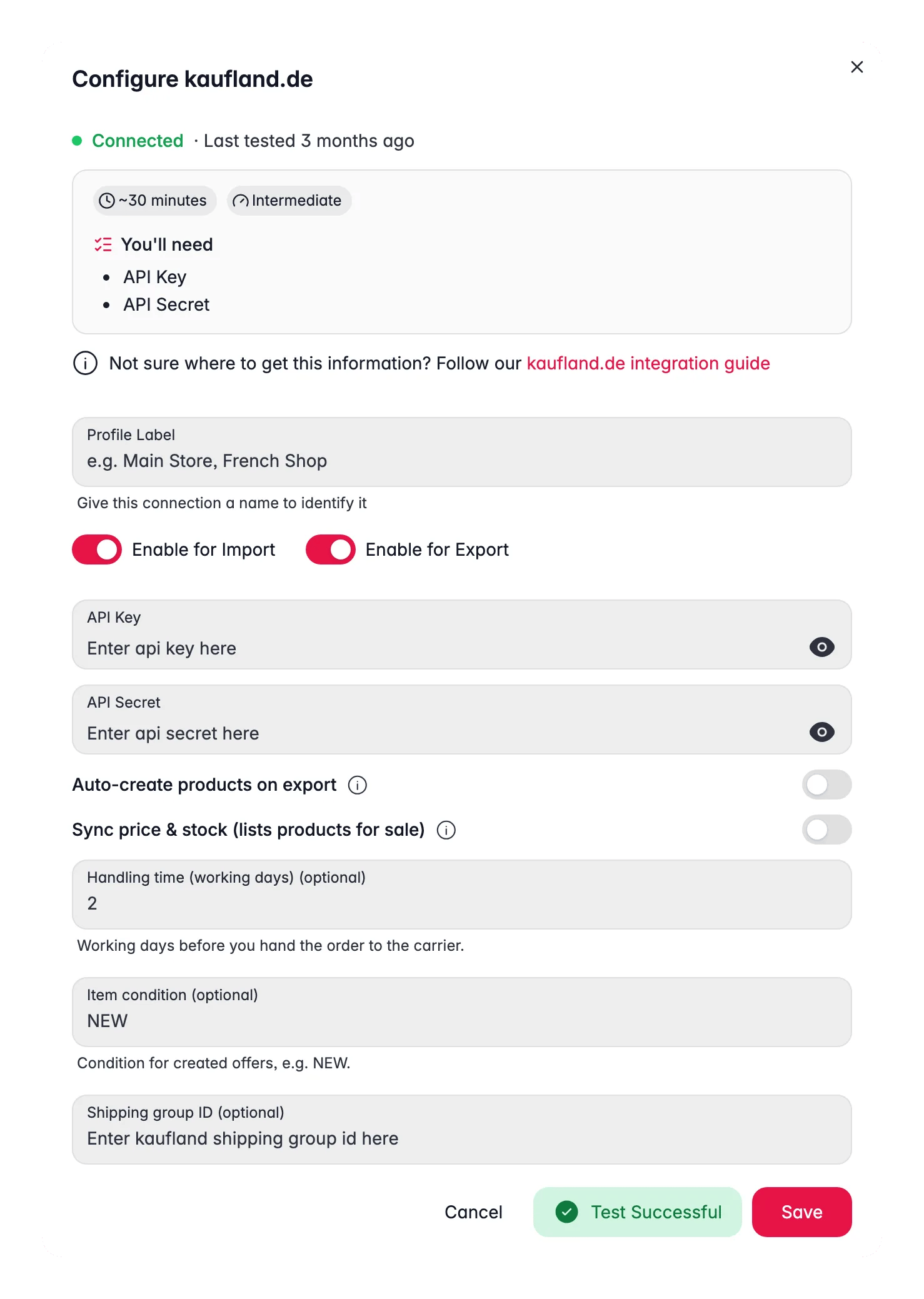 Connecting Kaufland.de to WISEPIM, credentials, locale mapping and a live connection test