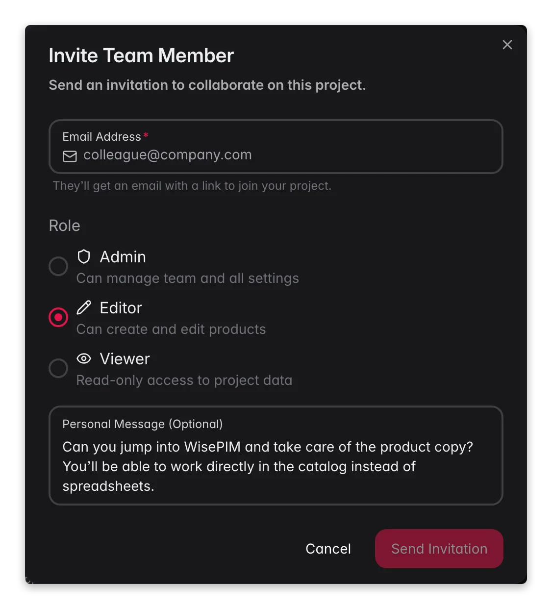 WISEPIM invite team member modal with role presets and Admin/Editor/Viewer access levels