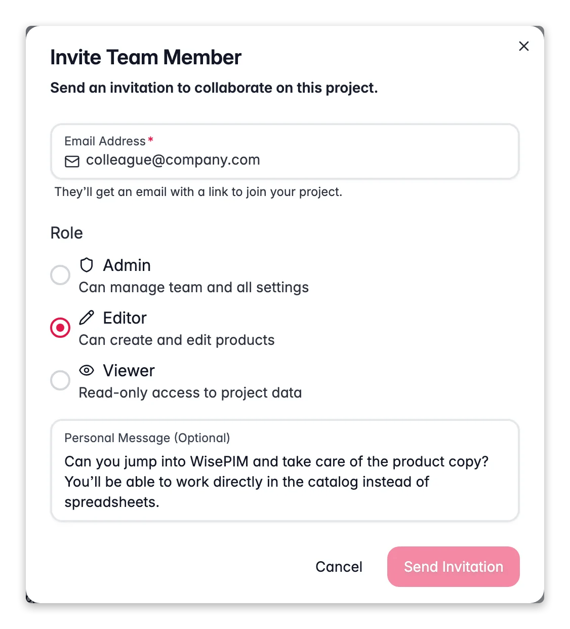 WISEPIM invite team member modal with role presets and Admin/Editor/Viewer access levels