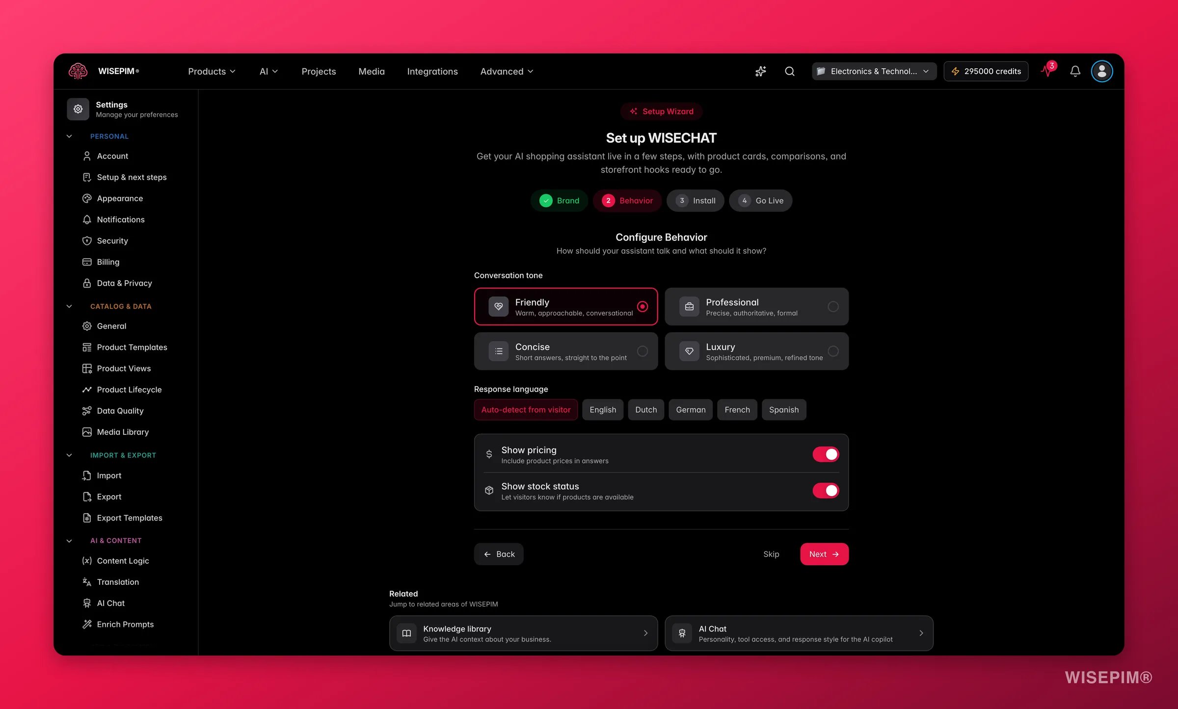 WISEPIM WISECHAT setup - behavior step with pricing/stock toggles and assistant tone