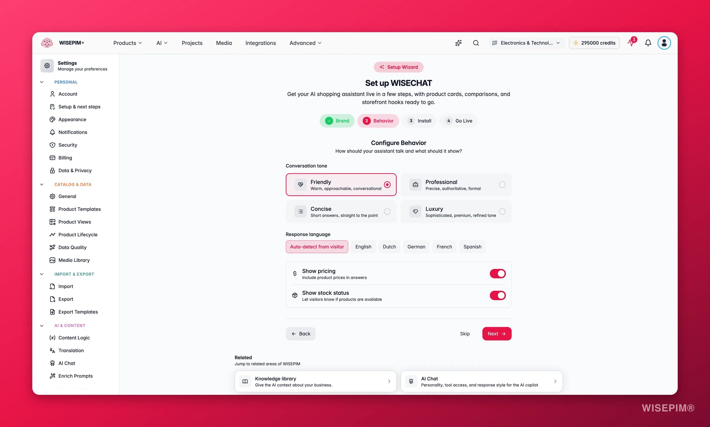 WISEPIM WISECHAT setup - behavior step with pricing/stock toggles and assistant tone